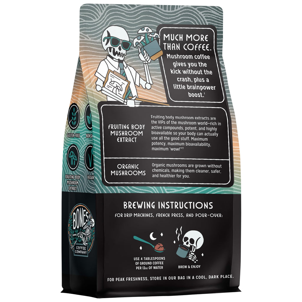 Bones Coffee Company Better Brain Mushroom Coffee - Medium Roast Low Acid Arabica Beans - Ground or Whole Bean - Reishi, Chaga, Lion's Mane, Cordyceps Mushroom Blend - 10 Oz