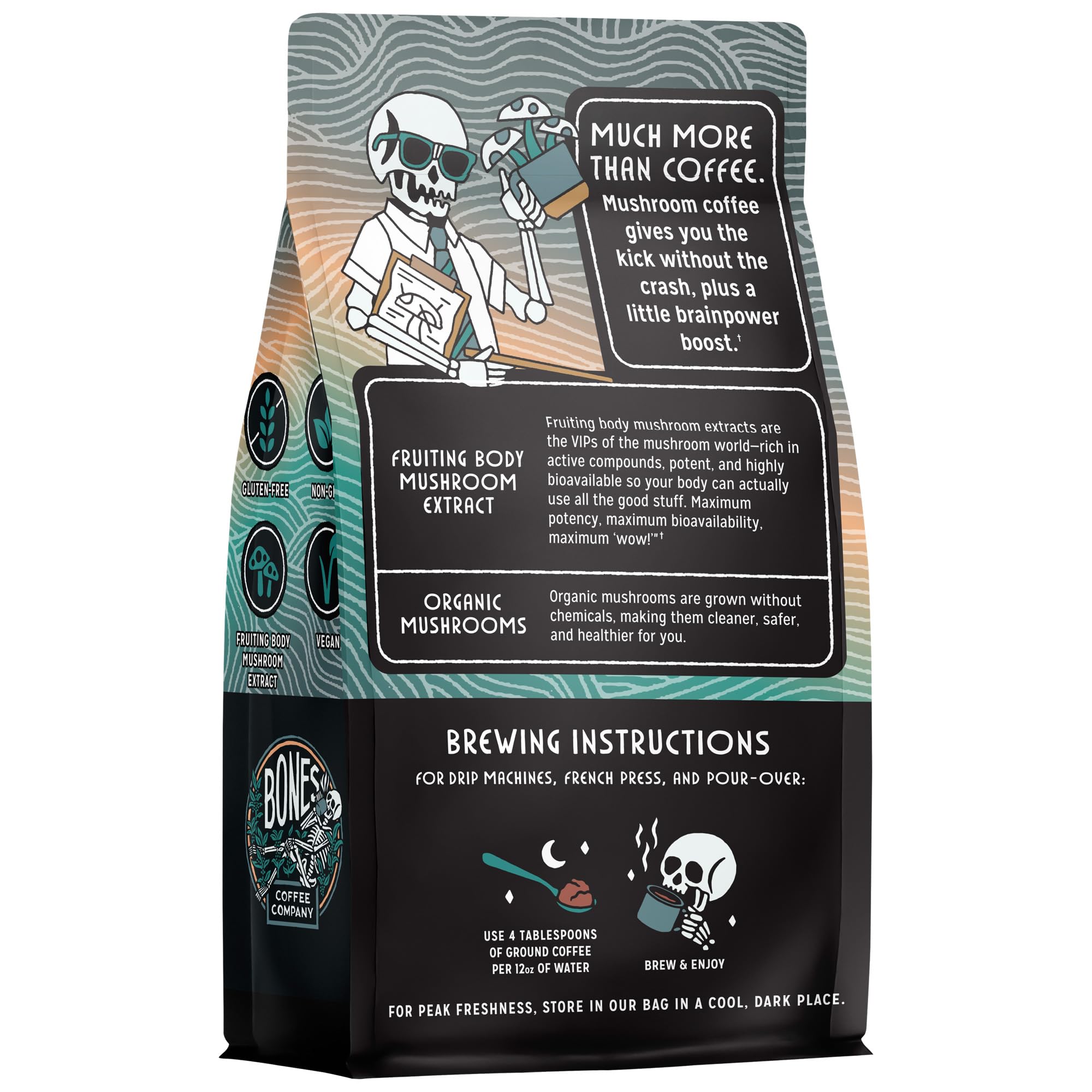 Bones Coffee Company Better Brain Mushroom Coffee - Medium Roast Low Acid Arabica Beans - Ground or Whole Bean - Reishi, Chaga, Lion's Mane, Cordyceps Mushroom Blend - 10 Oz