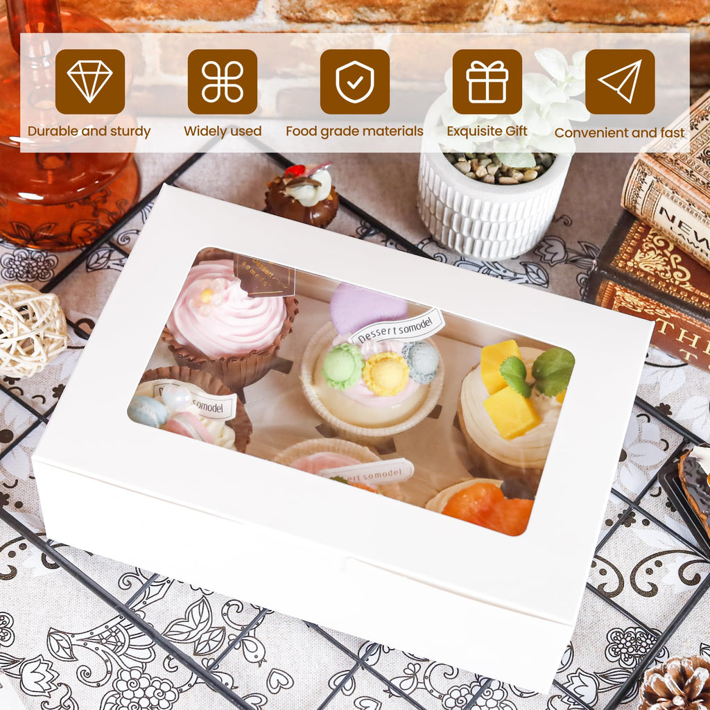 15 Pack Cupcake Boxes with Inserts 6 Holders, White Standard Bakery Boxes with Window Food Grade Cupcake Containers 6 Count for Muffins