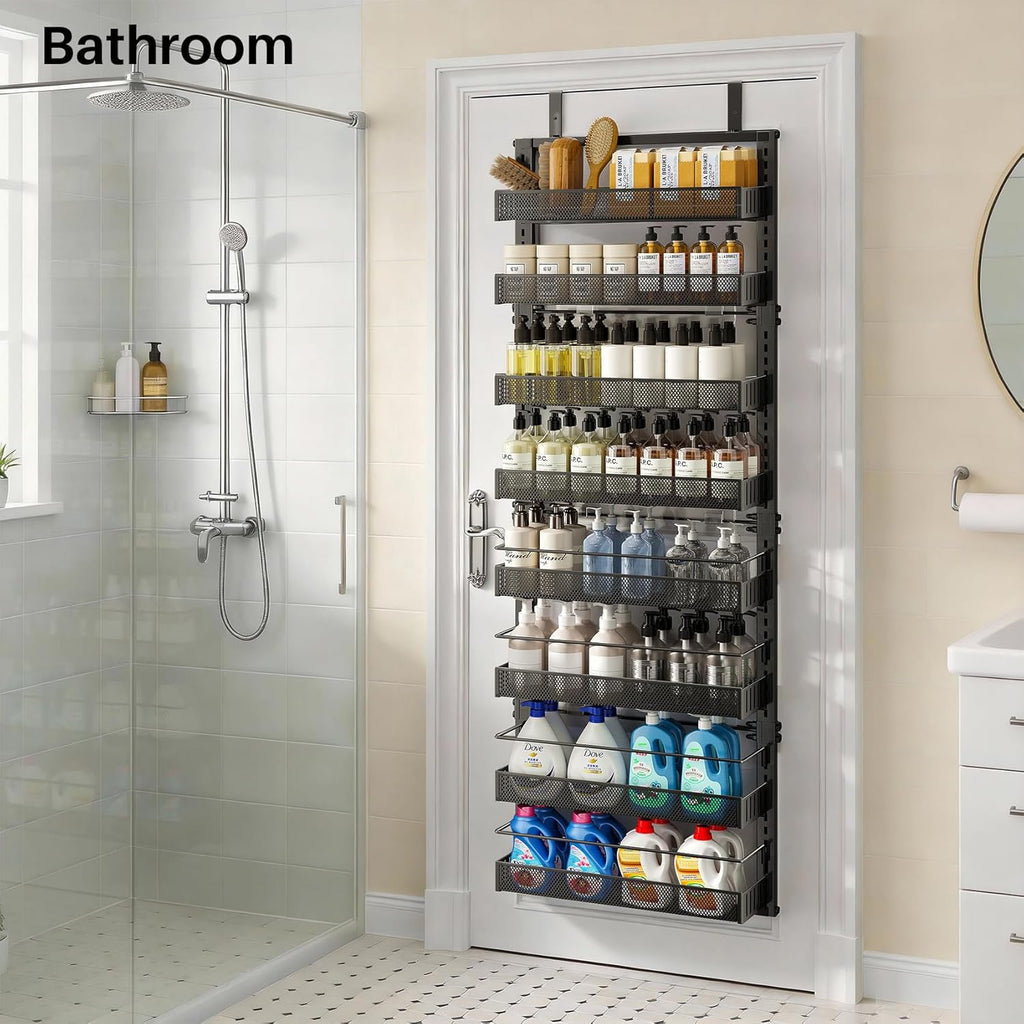 SNTD 8 Tiers Over the Door Organizer - Height Adjustable Pantry Organizers and Storage with Dense Mesh Baskets, Anti-Swing Hanging Door Spice Rack for Kitchen Bathroom (Black, 17" W x 6" D x 69" H)