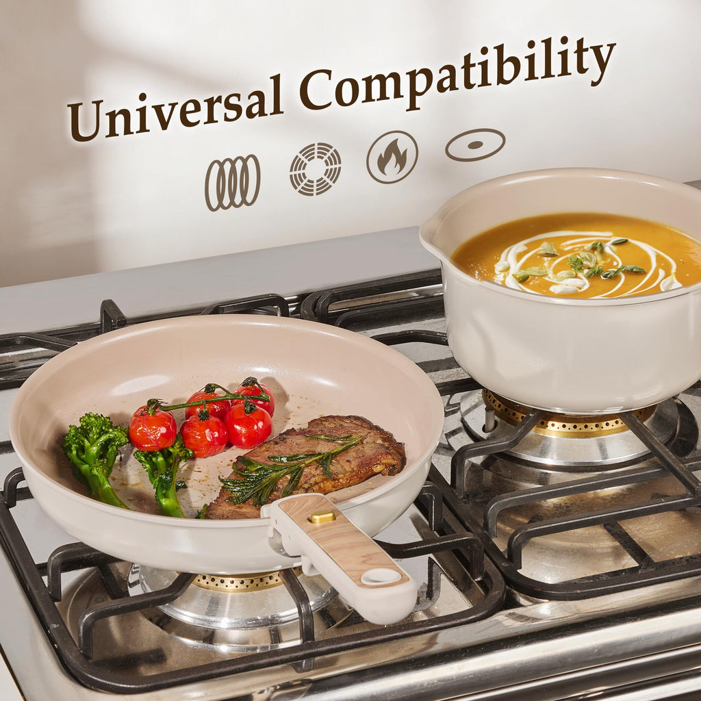 CAROTE 4pcs Ceramic Frying Pans Titanium Non Stick, 8"+10"+12” Frying Pan Egg Pan Omelet Pans with Detachable Handle, Nonstick Cookware, PFOA Free, Induction Compatible & Oven Safe, Dishwasher Safe