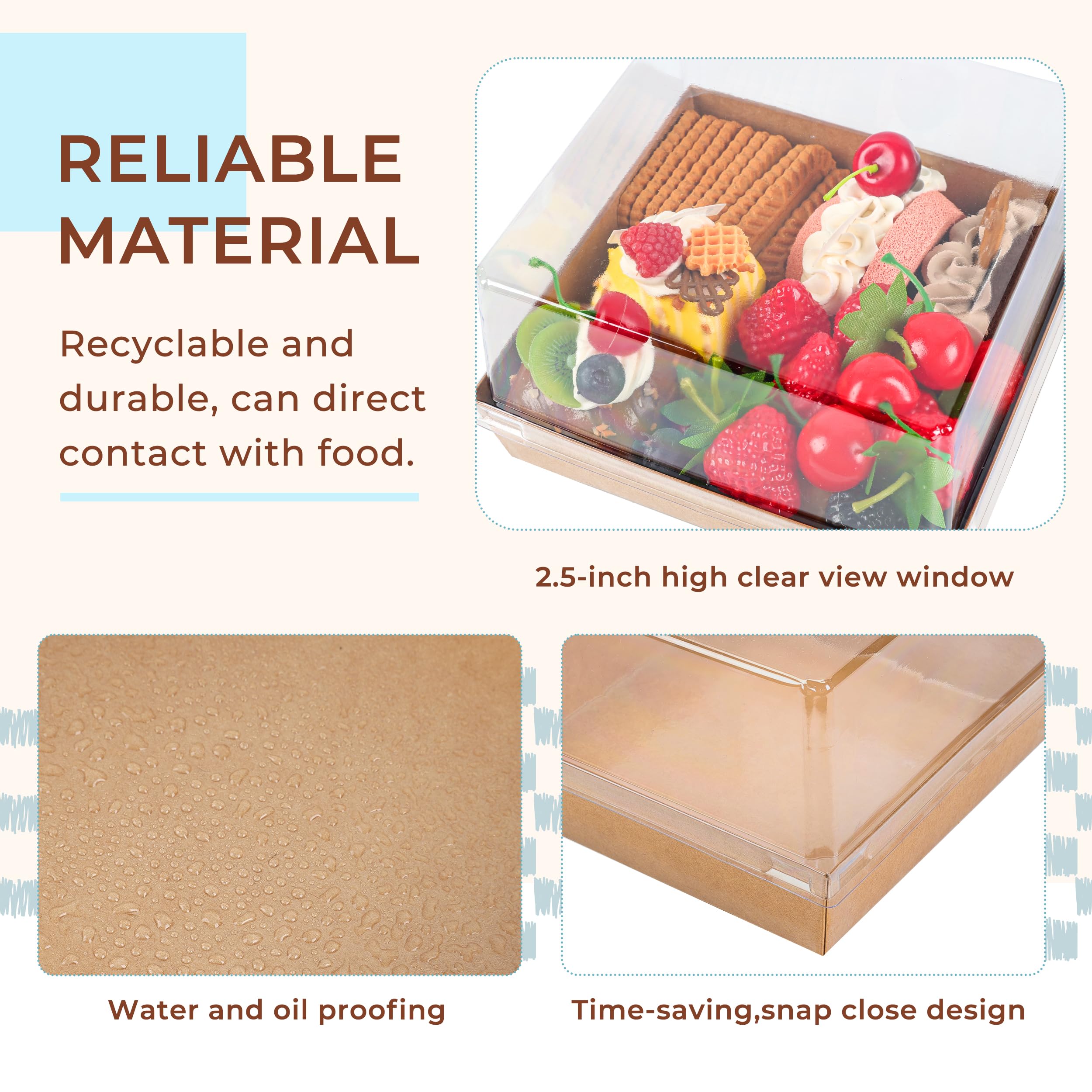 20 Pack Small Cake Boxes Charcuterie Boxes Mini Cake Containers With Lids For 4-6-inch Cake Pudding Sandwich Pie Bakery Dessert(Brown 7x7x4 inch)