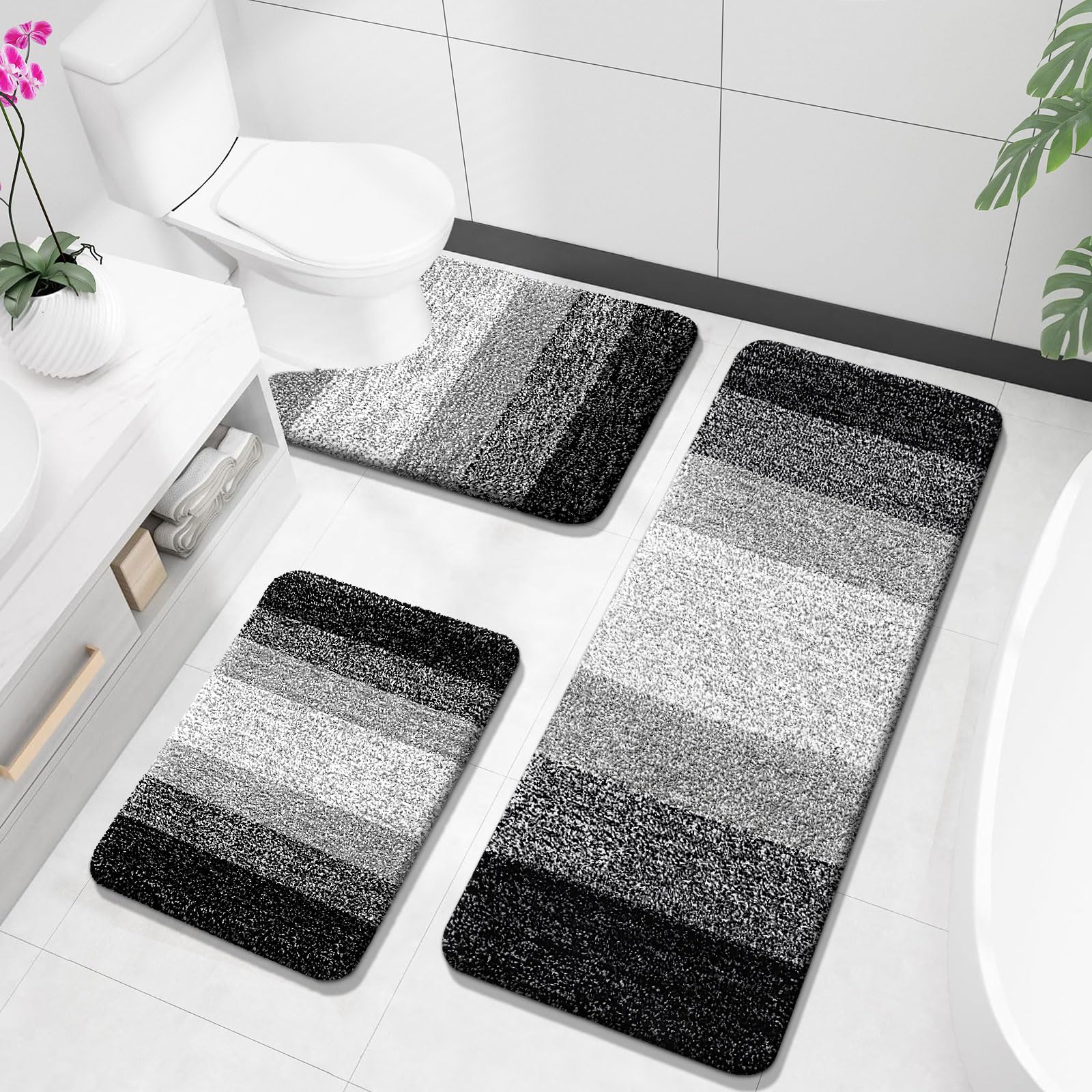 OLANLY Bathroom Rugs Sets 3 Piece, Soft Absorbent Microfiber Bath Mats and U-Shaped Contour Toilet Rug, Machine Wash Dry, Plush Shaggy Bath Mat Set for Bathroom (30"x20"+24"x16"+24"x20", Grey)