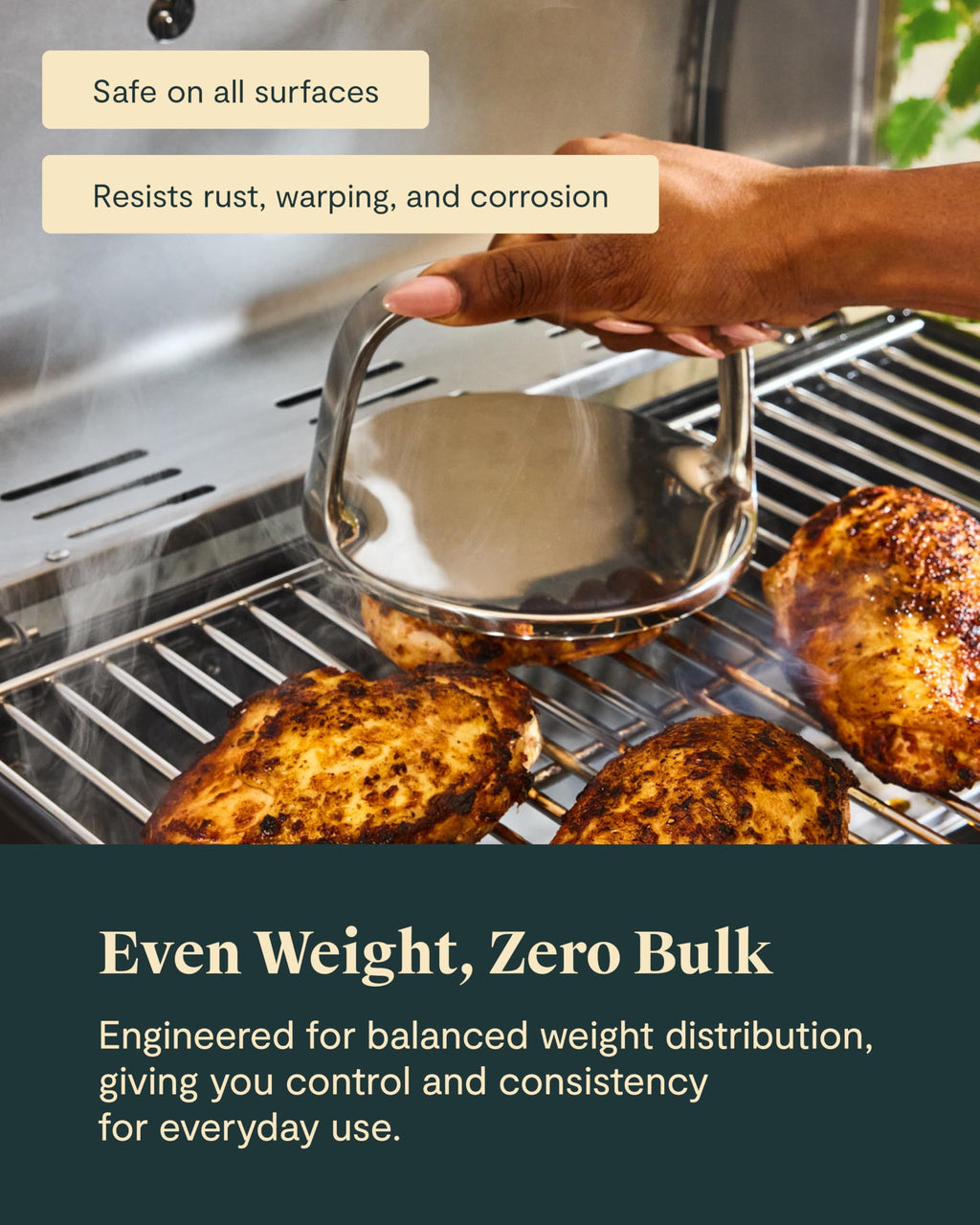 Caraway Grill Press with Handle - 100% Stainless Steel Body - Safe for Use with Pans and Grills - Ideal for Meat, Salmon, Tofu, Veggies - Sage