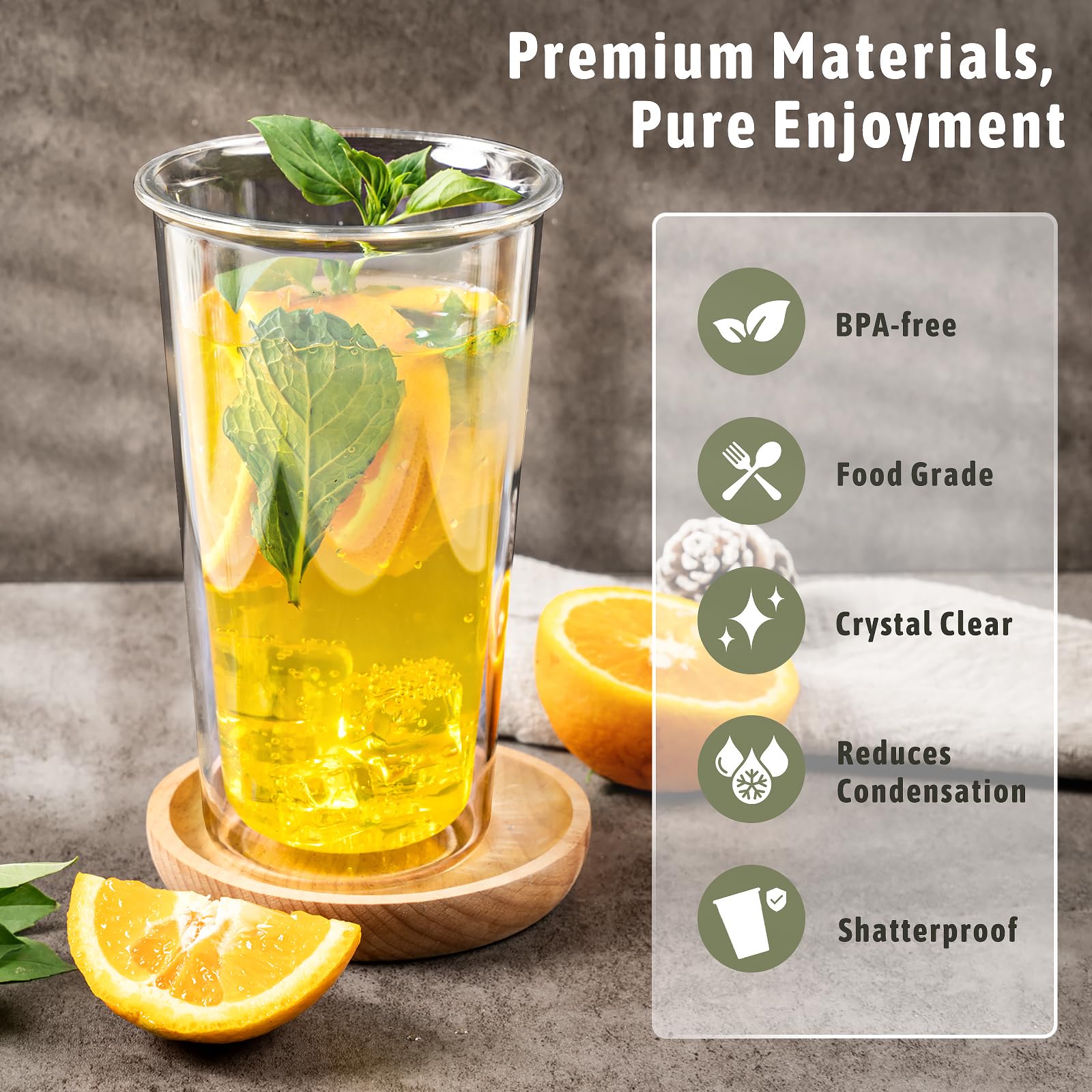 Freshmage 16oz Double Walled Insulated Tumblers (4 Pack), Tumbler Cups Keep Drinks Cold & Hot, Crystal Clear Reusable Plastic Cups, BPA-Free Plastic Drinking Glasses, Dishwasher Safe