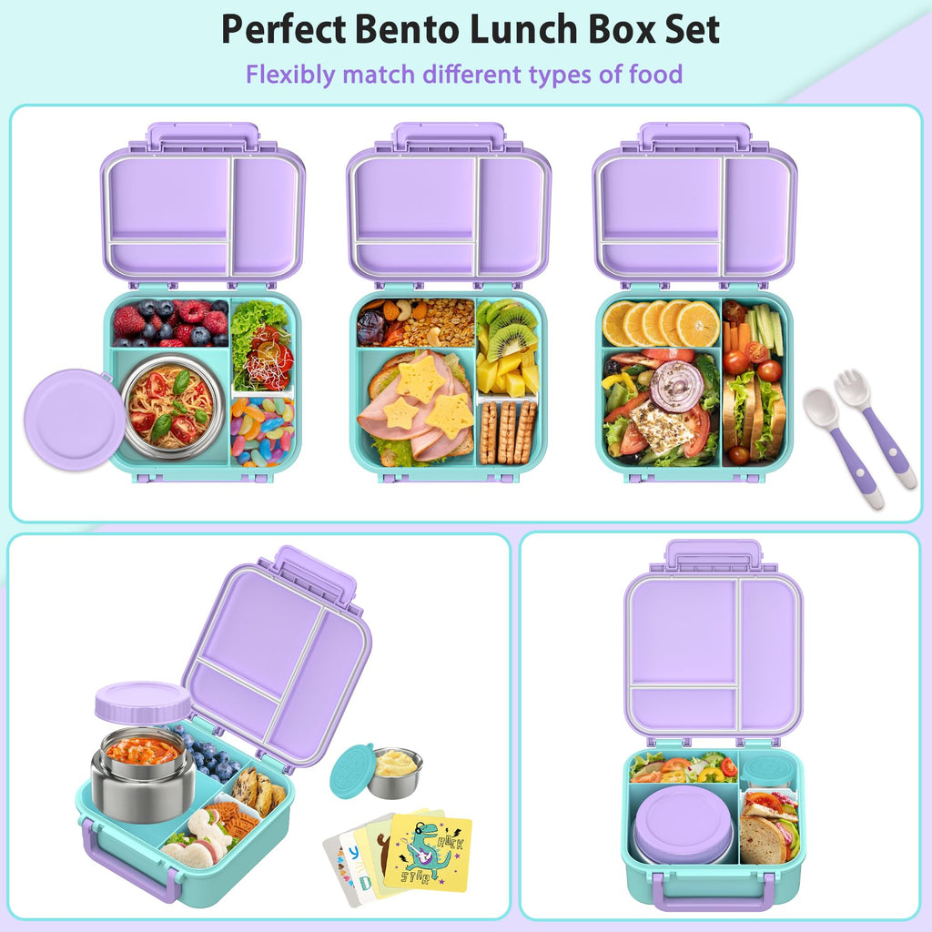 Kids Bento Lunch Box with 9oz Soup Thermo Leakproof Lunch Food Containers 4 Compartment with Insulated Hot Food Jar for Kid Toddler Girls Boys to School Trvael