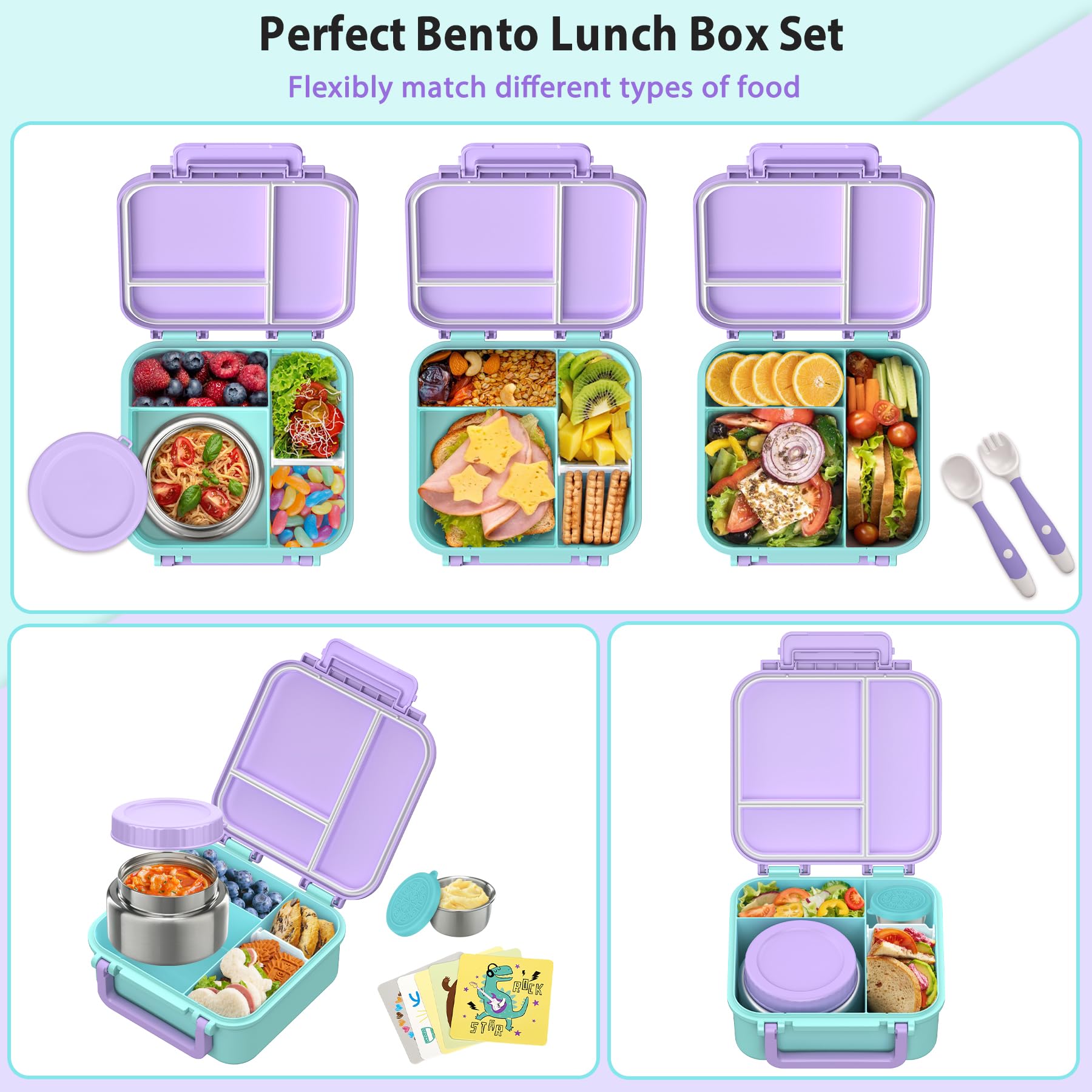 Kids Bento Lunch Box with 9oz Soup Thermo Leakproof Lunch Food Containers 4 Compartment with Insulated Hot Food Jar for Kid Toddler Girls Boys to School Trvael