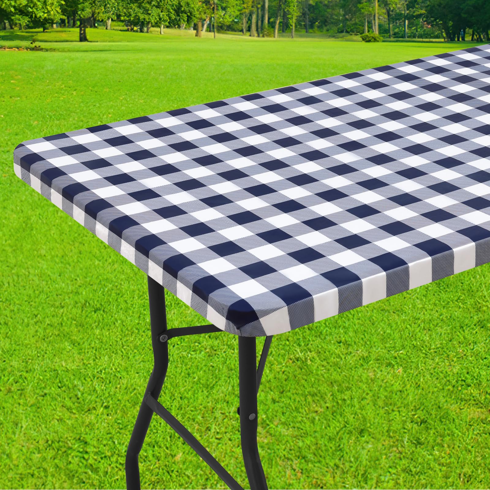 Smiry Rectangle Picnic Table Cloth, Elastic Waterproof Fitted Vinyl Tablecloths, Flannel Backed Buffalo Plaid Table Covers for Dining, Camping, Outdoor (Black and White, 30" x 72")