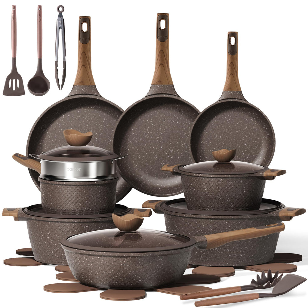 CAROTE Non Stick Frying Pan Skillet Set, Omelet Pan, Healthy Non Toxic Granite Chef Pan, Induction Compatible Egg Frying Pan with Heat-Resistant Handle, PFOA-Free,Black, 8"+10"+12"