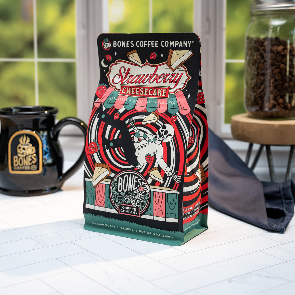 Bones Coffee Company Highland Grog, Butterscotch Caramel Flavored Coffee, Medium Roast Low Acid Arabica Beans Compatible with Auto drip and French Press Coffee Maker, 12 Oz Whole Bean