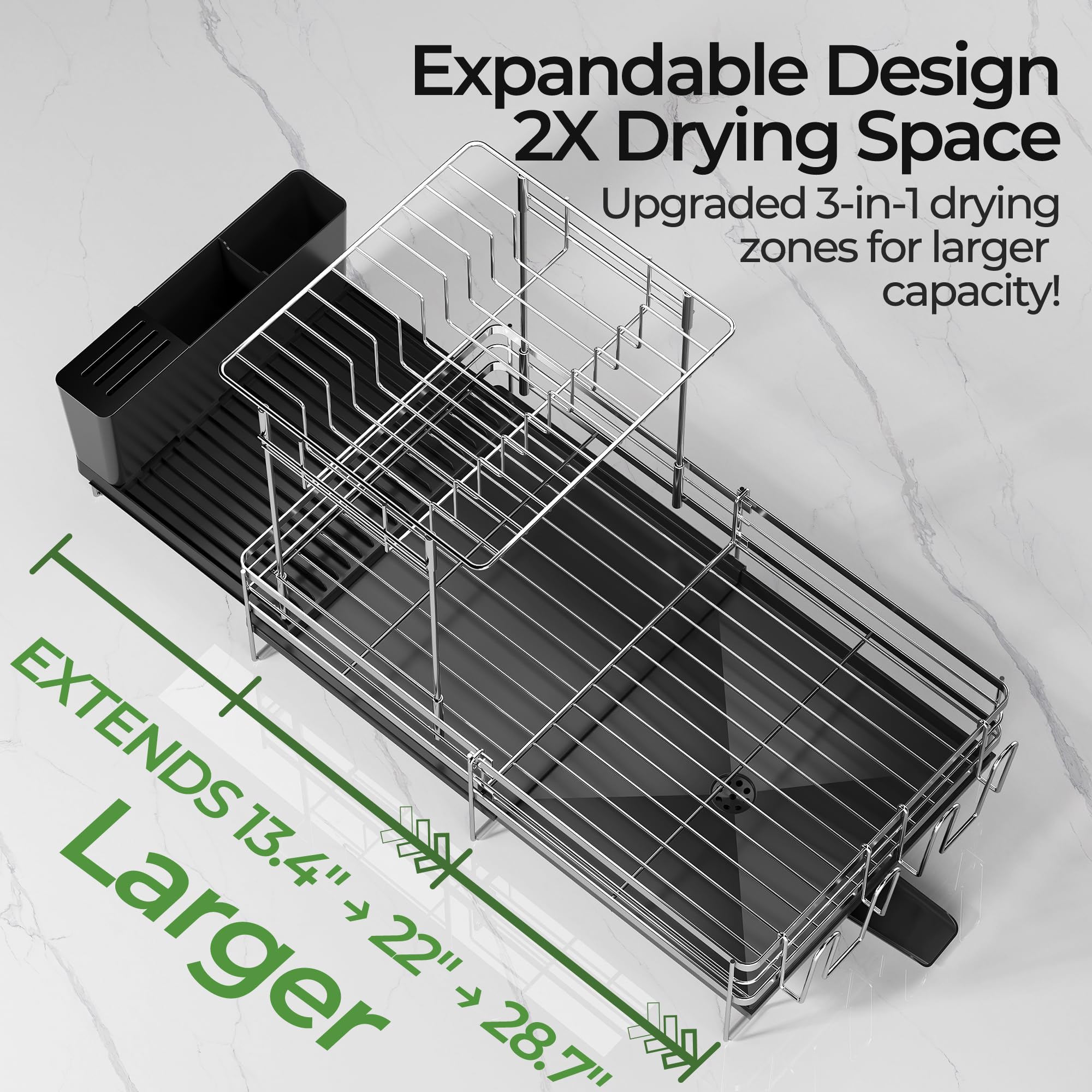 Large Dish Drying Rack, Expandable Dish Rack, Stainless Steel Anti-Rust Dish Racks for Kitchen Counter, Multifunctional Dish Drainer with Utensil Holder & Cup Holder, 13.4"-28.7" L x 11.8" W