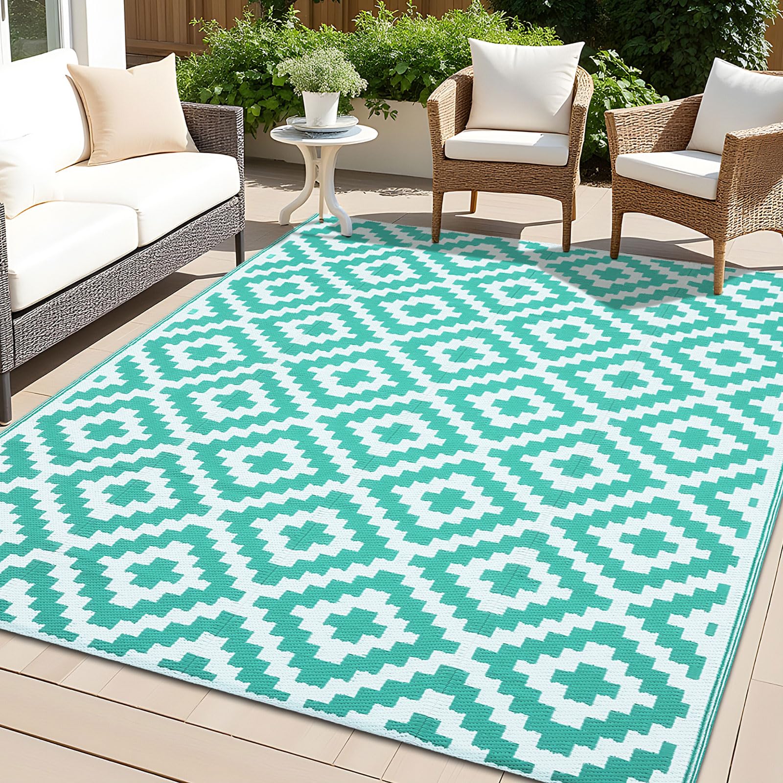 OLANLY Waterproof Outdoor Rug 5x8 ft, Outdoor Plastic Straw Rug for Camping, RV Mat Outside, Indoor Outdoor Carpet for Porch, Deck, Backyard, Balcony, Picnic, Black & White