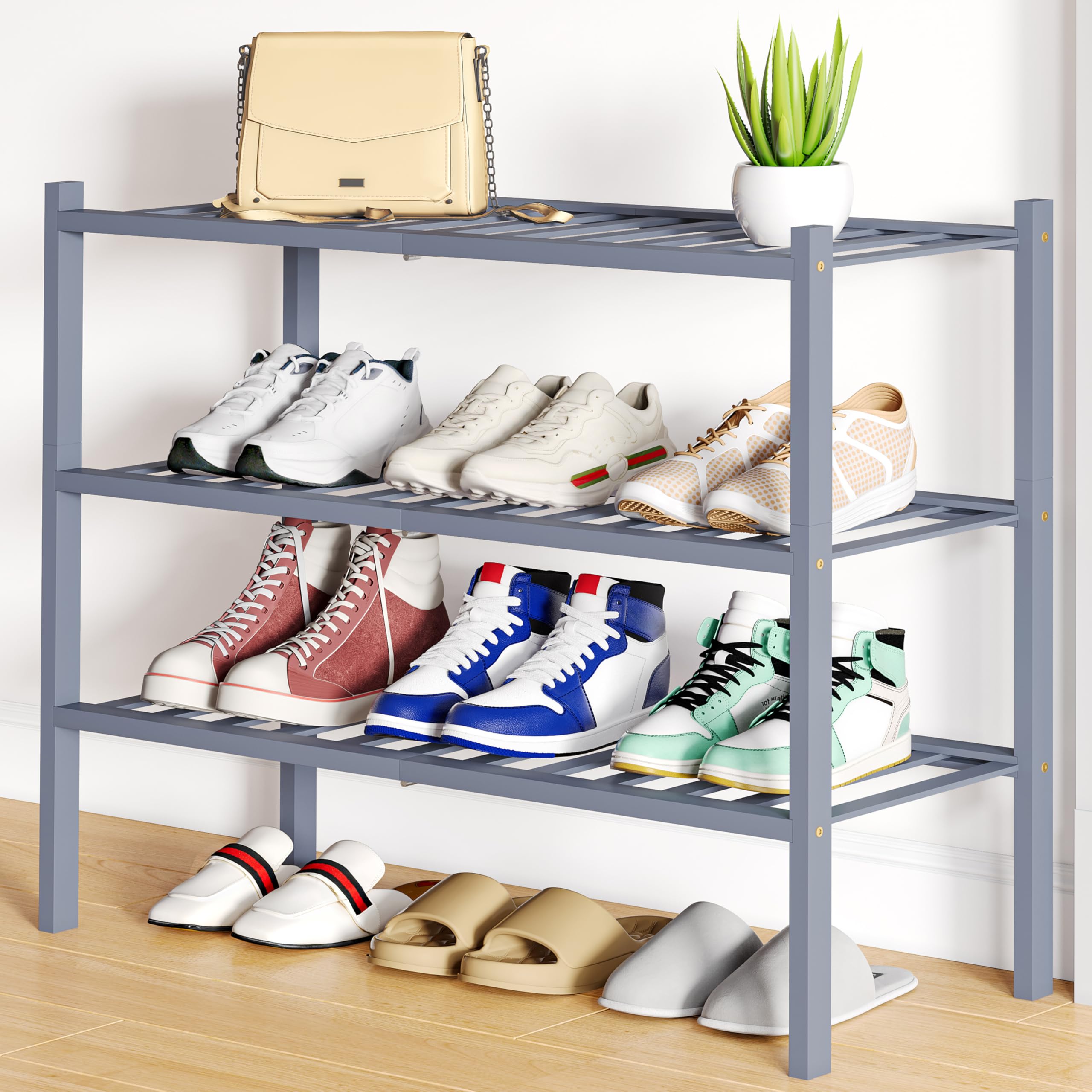 Smiry Shoe Rack, 3 Tier Bamboo Shoe Organizer, Stackable Free Standing Wooden Shoe Storage Shelf for Closet, Entryway, Front Door Entrance, Natural
