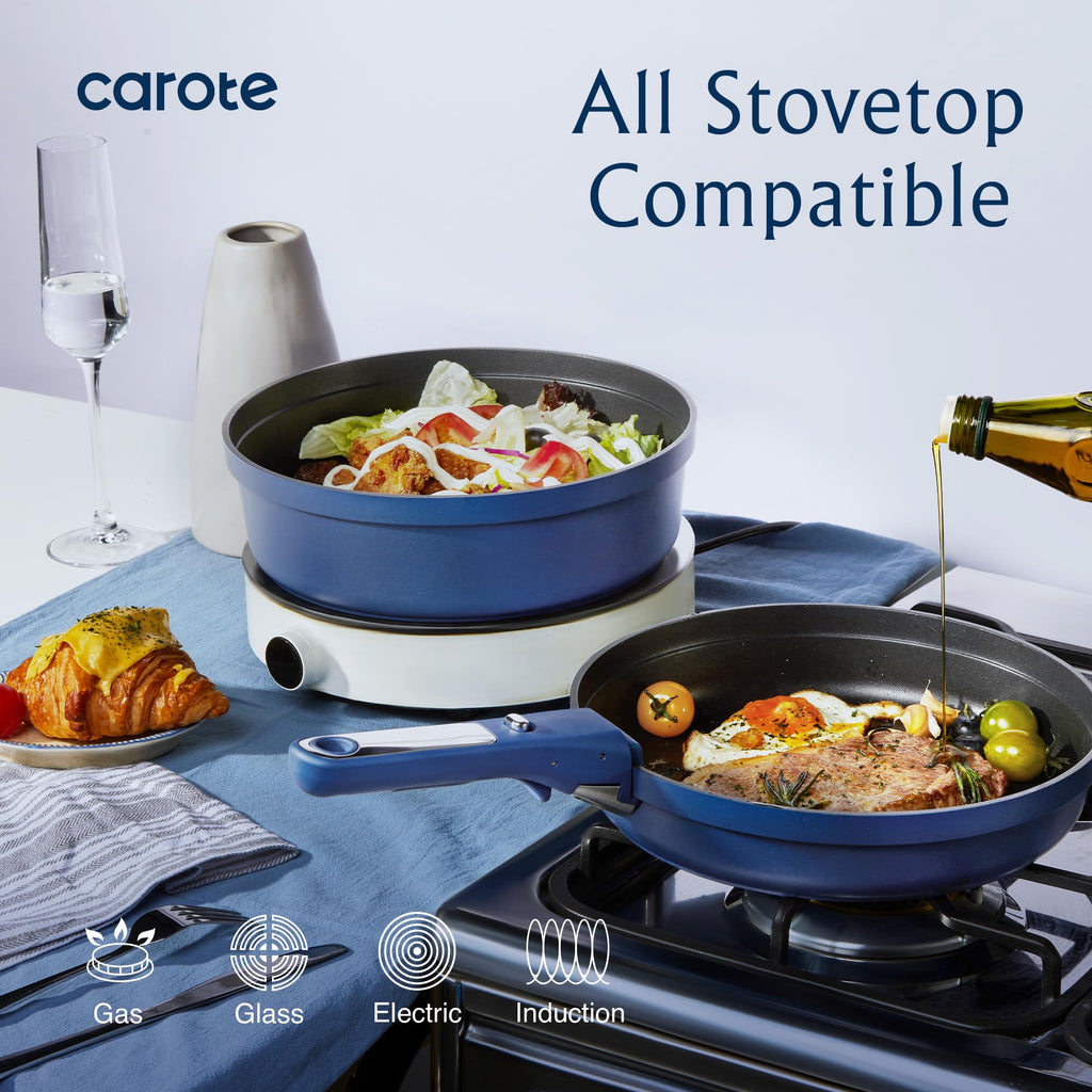 CAROTE 22pcs Pots and Pans Set Non Stick, Nonstick Cookware Set, Dishwasher/Oven/Fridge Safe Pots and Pans, Removable Handle RV Oven Safe Cookware, Induction Kitchen Set, Blue
