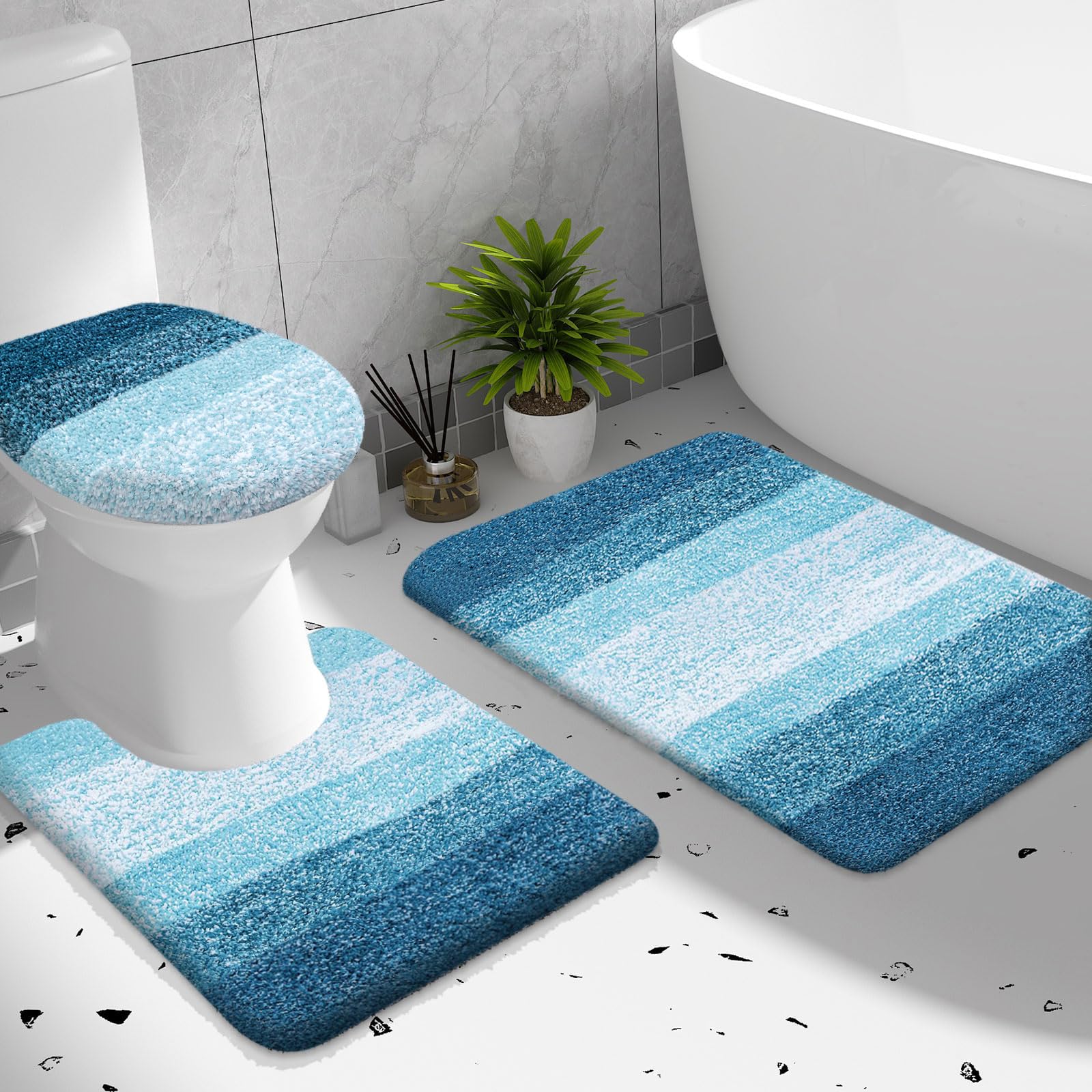 OLANLY Bathroom Rugs Sets 3 Piece, Soft Microfiber Absorbent Bath Mat, U-Shaped Contour Toilet Mat and Toilet Lid Cover, Quick Dry, Machine Washable, Toilet Cover and Rug Set for Bathroom, Grey