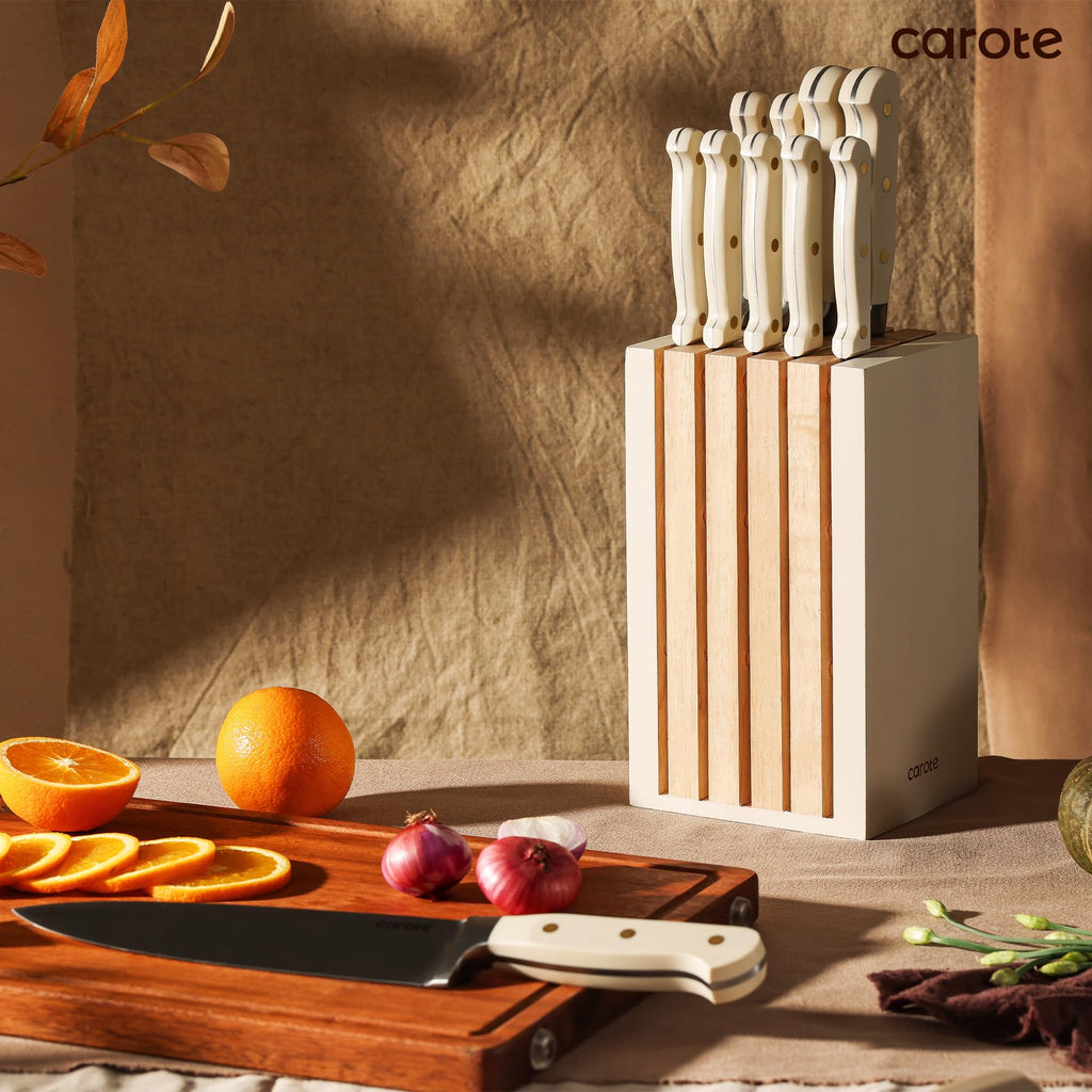 CAROTE 15Piece Knife Set, Kitchen Knife Block Set, Elegant White Ceramic-Coated Blades with Stylish Wooden Block for Modern Culinary Excellence