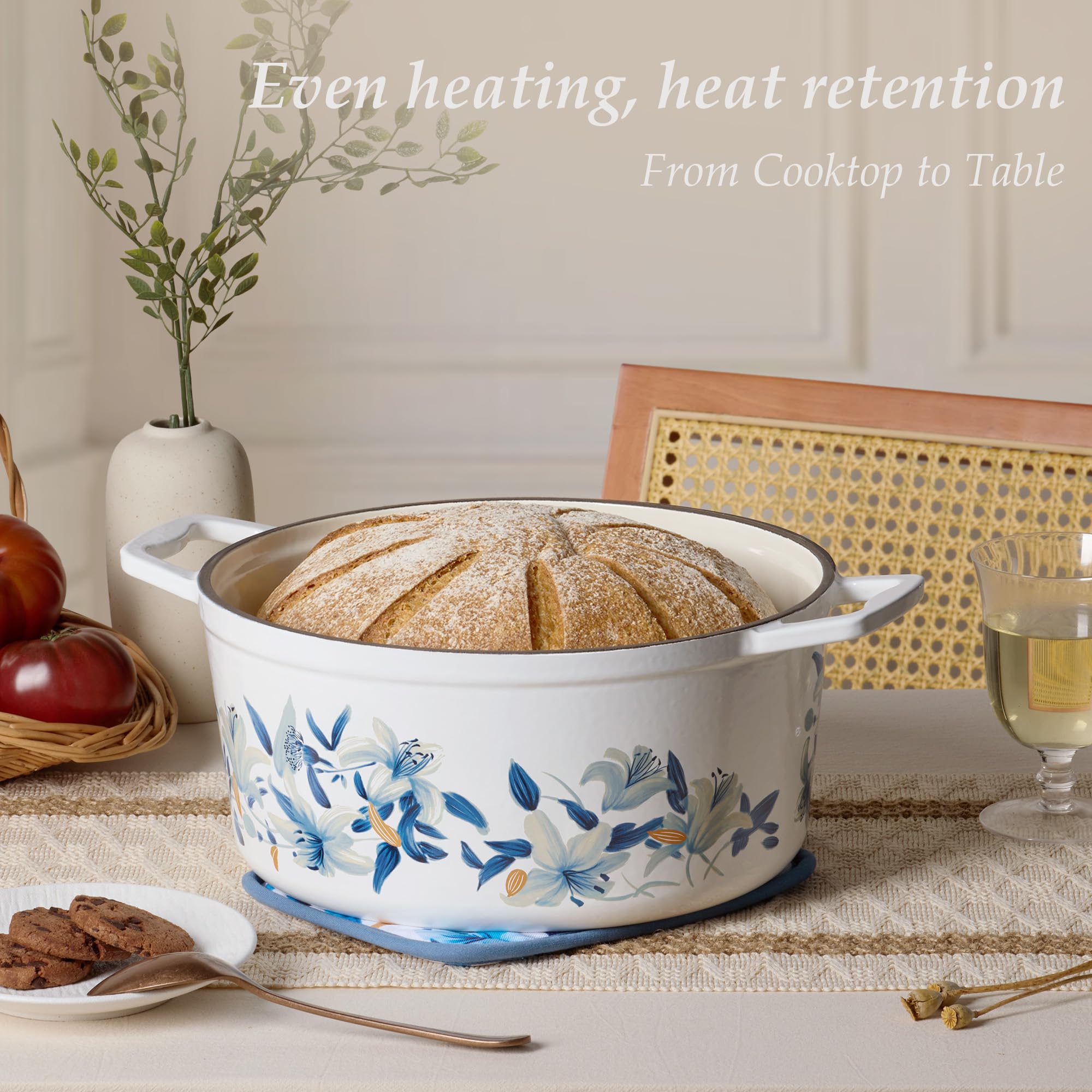 CAROTE 5 QT Cast Iron Dutch Oven Pot with Lid, Enameled Floral Dutch Ovens with Cotton Potholders & Oven Gloves, Gift Box, Cast Iron Pot for Sourdough Bread Baking, Braising, Stews, Roasting, Dual Handles, All Stovetop Compatible, Oven Safe up to 500° F,