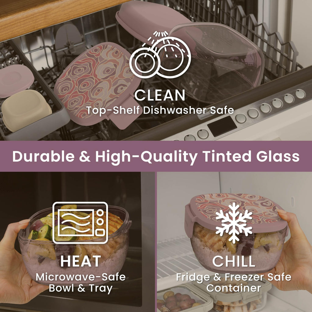 Bentgo Glass Salad Container - 7.6-Cup Salad Bowl with Airtight Lid, Leak-Proof Sauce Container, 4-Compartment Bento Tray & Reusable Fork - BPA-Free for Meal Prep, Office & More (Lavender)