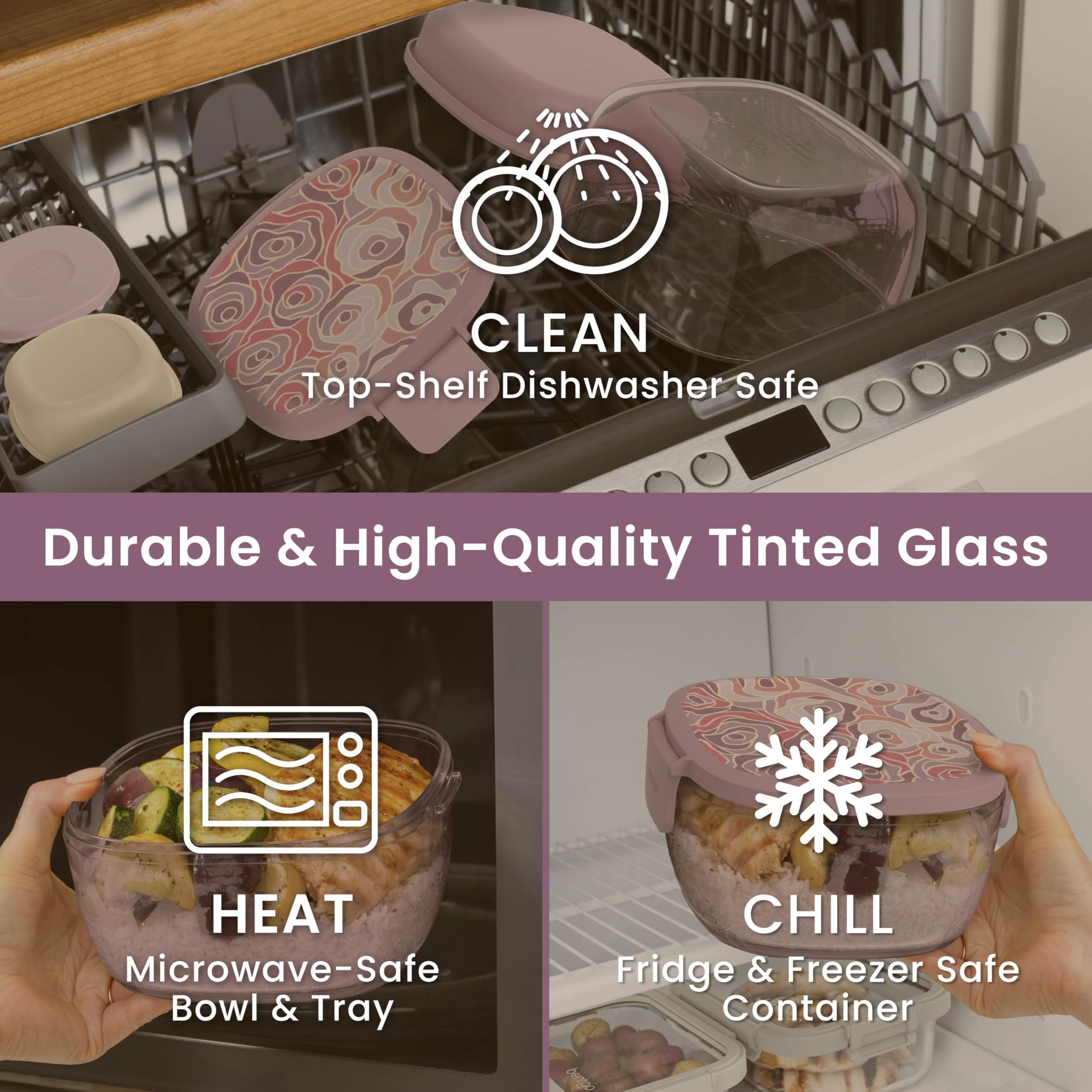 Bentgo Glass Salad Container - 7.6-Cup Salad Bowl with Airtight Lid, Leak-Proof Sauce Container, 4-Compartment Bento Tray & Reusable Fork - BPA-Free for Meal Prep, Office & More (Lavender)