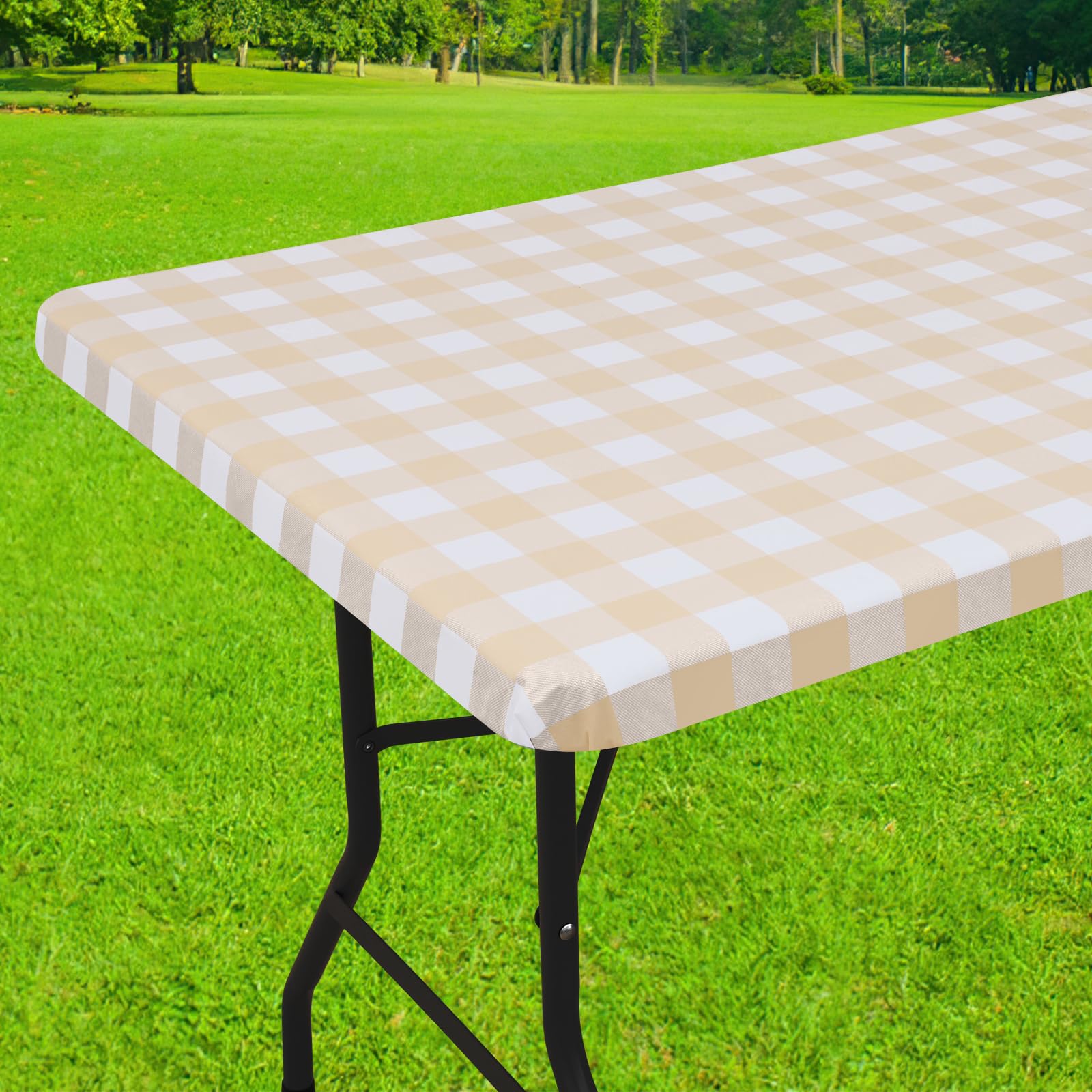 Smiry Rectangle Picnic Table Cloth, Elastic Waterproof Fitted Vinyl Tablecloths, Flannel Backed Buffalo Plaid Table Covers for Dining, Camping, Outdoor (Black and White, 30" x 72")