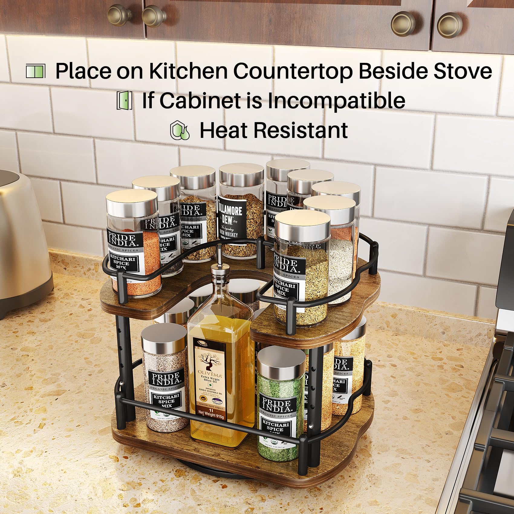 Lazy Susan Organizer Spice Rack - Spice Organization for Cabinet Height Adjustable Rotating Lazy Turntable, Pantry Kitchen Wood Revolving Seasoning Organizer (12 Inch)