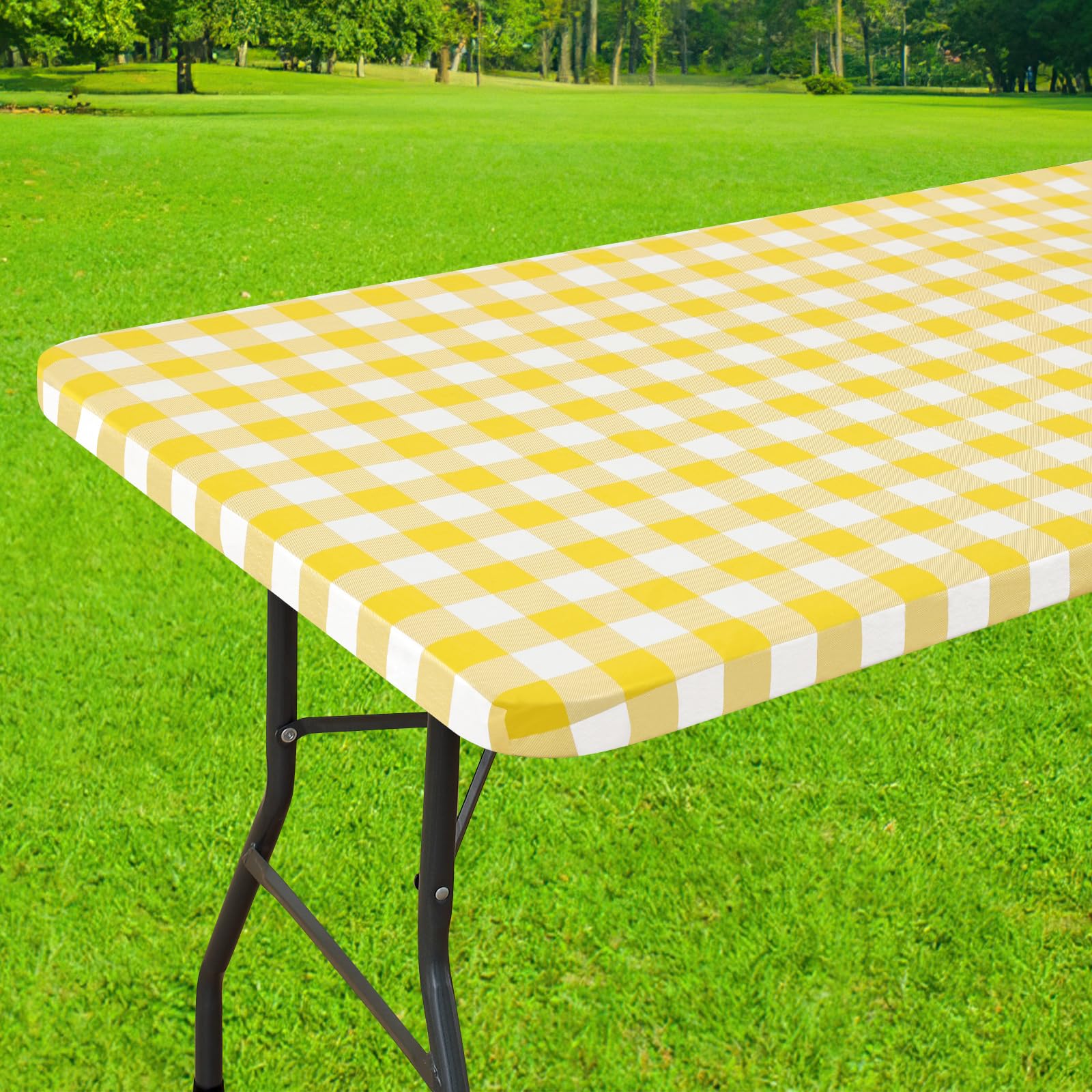 Smiry Rectangle Picnic Table Cloth, Elastic Waterproof Fitted Vinyl Tablecloths, Flannel Backed Buffalo Plaid Table Covers for Dining, Camping, Outdoor (Black and White, 30" x 72")