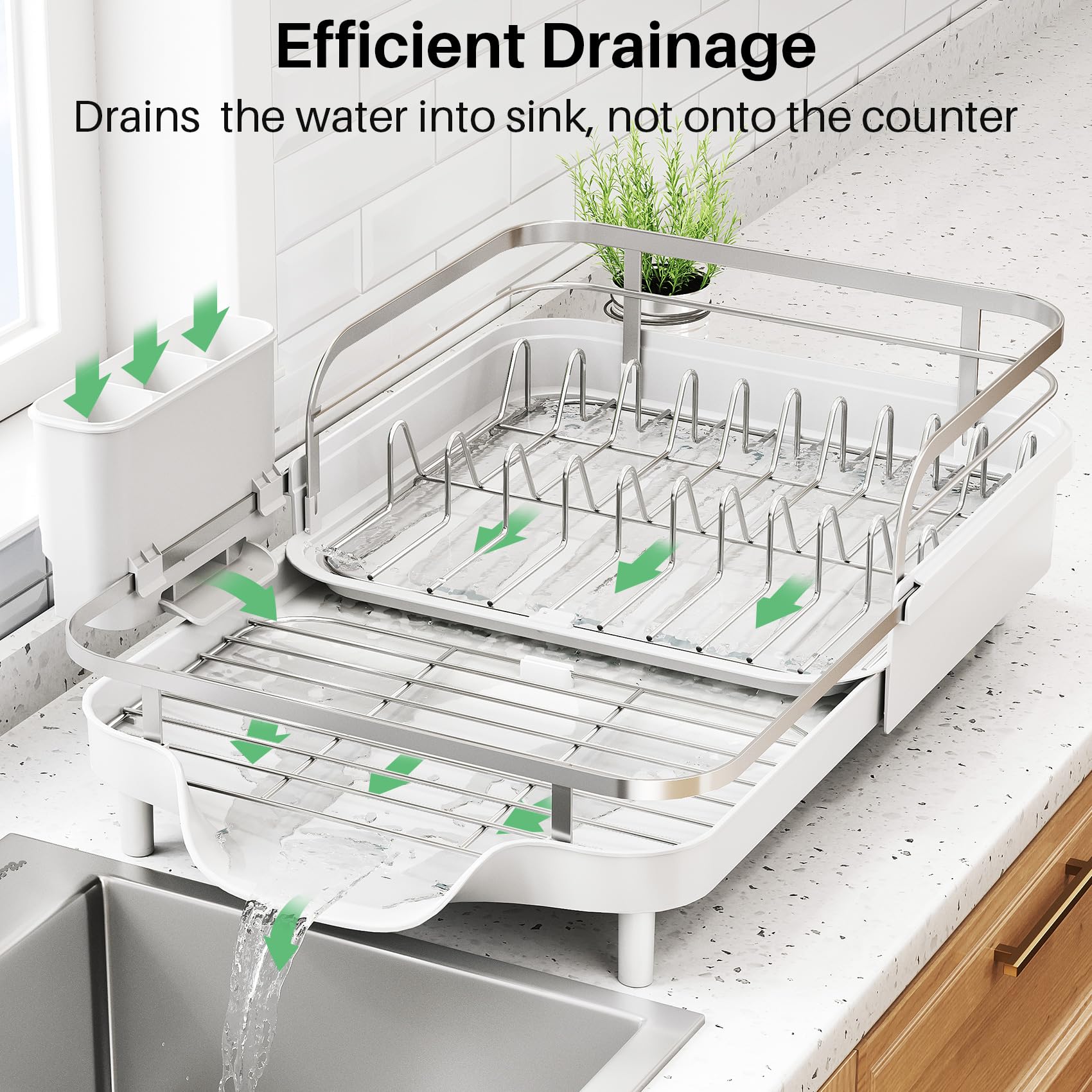 SNTD Dish Drying Rack, Expandable Dish Rack for Kitchen Counter, Stainless Steel Dish Drainer with Drainboard Set and Utensil Holder (Black)
