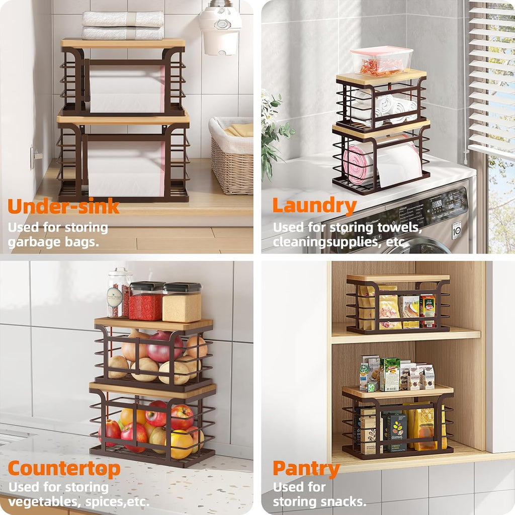2 Pack Stackable Trash Bag Holder with Bamboo Top, 2025 Pro Wall Mount Laundry Room Organization, Djustable Hooks for Cabinet Door - Organizers in Kitchen/Pantry/Laundry Room, Brown