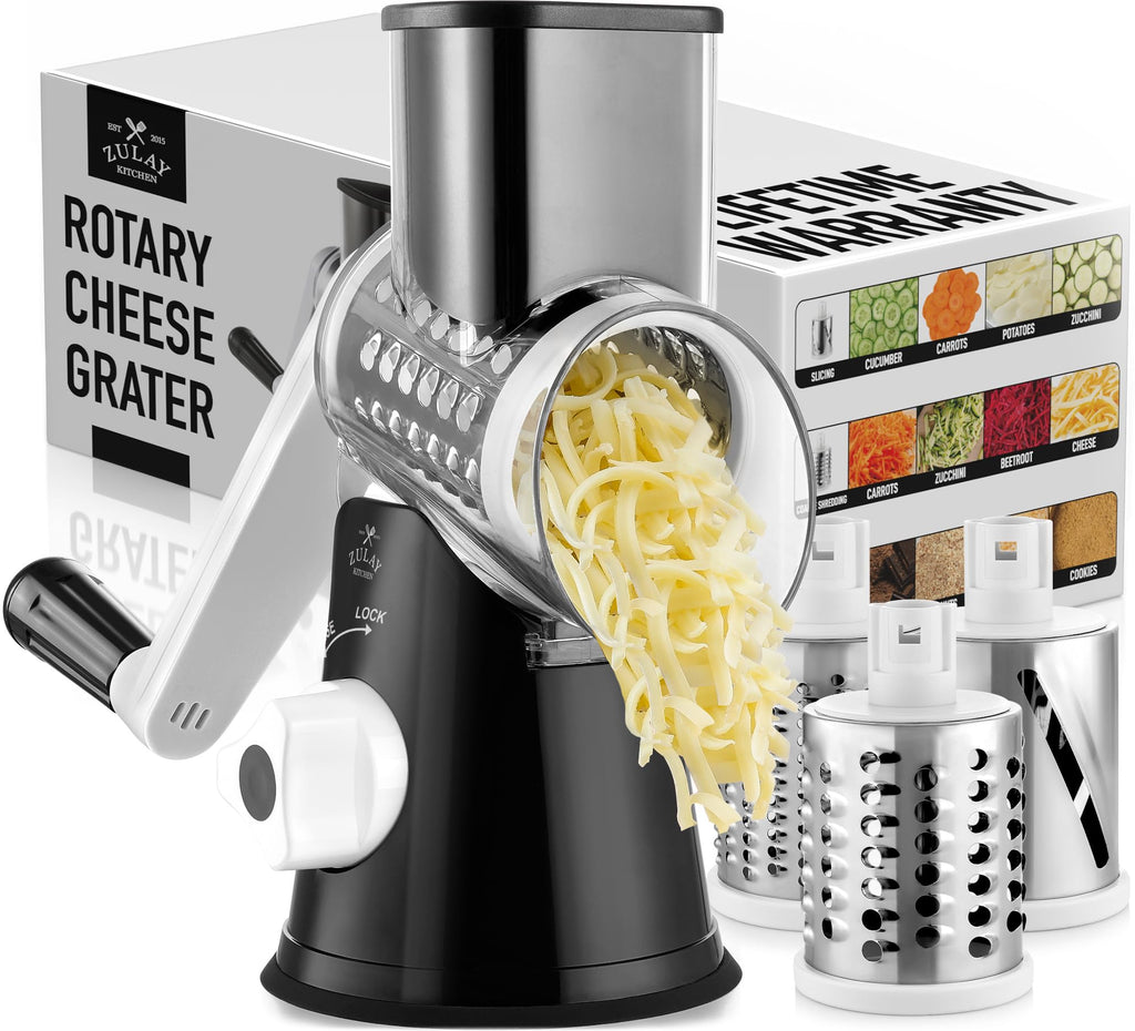 Zulay Kitchen Rotary Cheese Grater 5 Blade Cheese Shredder - Manual Hand Crank Cheese Grater With Reinforced Suction & 5 Interchangeable Drums - Easy to Use, Vegetable Chopper Round Mandoline Slicer