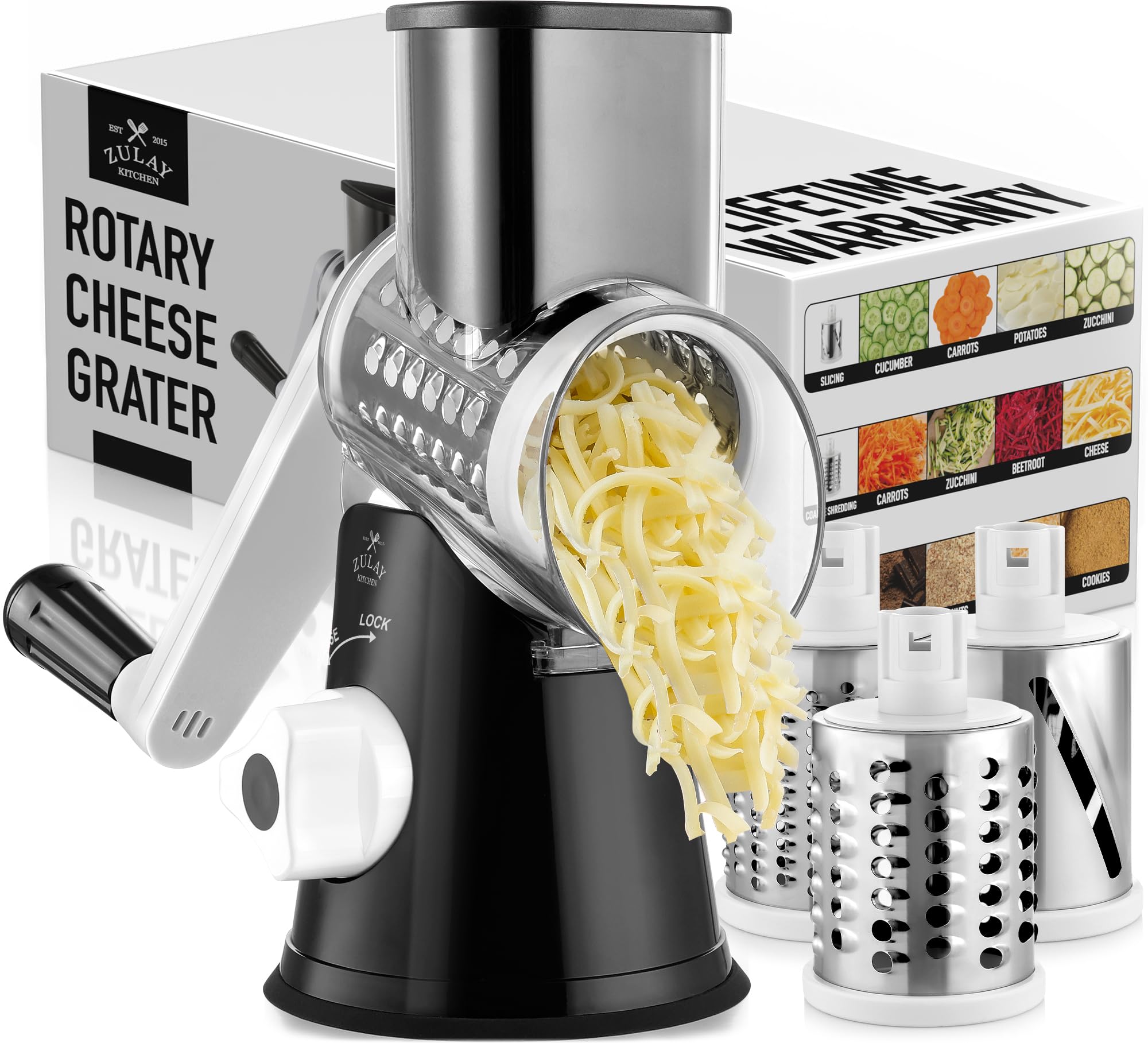 Zulay Kitchen Rotary Cheese Grater 5 Blade Cheese Shredder - Manual Hand Crank Cheese Grater With Reinforced Suction & 5 Interchangeable Drums - Easy to Use, Vegetable Chopper Round Mandoline Slicer