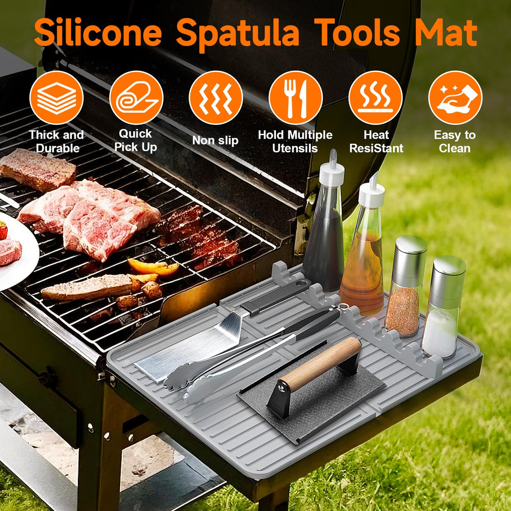 Silicone Grill Mat Compatible with Blackstone, Silicone Griddle Tool Mat with Adjustable Slots, Side Shelf Mat with Drip Pad for Griddle Accessories (Grey)