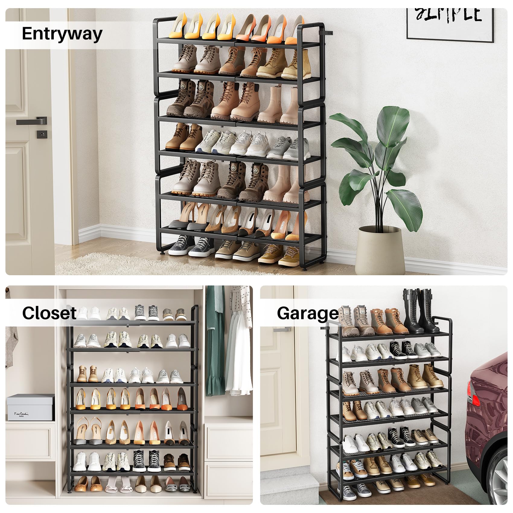 SNTD Shoe Rack - Expandable Shoe Organizer for Closet, Adjustable Metal Shoe Shelf Storage, Stackable Long Shoe Stand Holder for Garage, Entryway, Door Entrance (Black, 2-Tier)