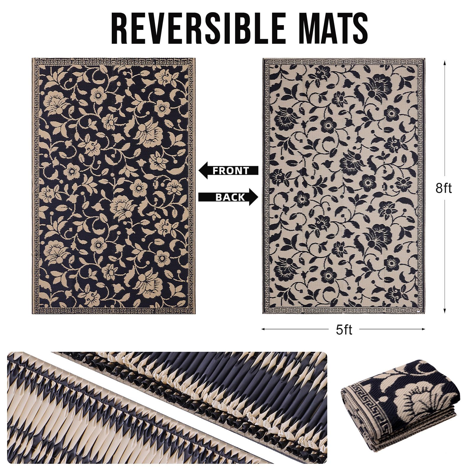 OLANLY Waterproof Outdoor Rug 5x8 ft, Outdoor Plastic Straw Rug with Flower Pattern, Reversible RV Mat for Patio, Camping, Balcony, Deck, Backyard, Navy & White