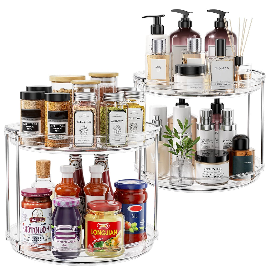 2 Pack 2 Tier Lazy Susan Turntable Organizer 9.25 inch, Rotating Spice Rack Organization for Cabinet, Bathroom, Pantry, Countertop, Kitchen, Vanity, Medicine Cabinet Organizer, Clear