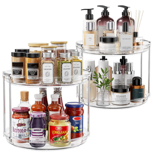 2 Pack 2 Tier Lazy Susan Turntable Organizer 9.25 inch, Rotating Spice Rack Organization for Cabinet, Bathroom, Pantry, Countertop, Kitchen, Vanity, Medicine Cabinet Organizer, Clear