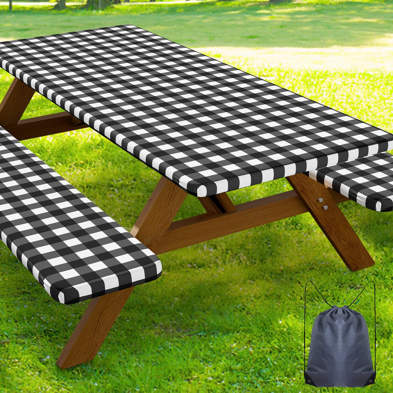 Smiry Picnic Table Cover with Bench Covers, Waterproof Elastic Fitted Tablecloths for 6 Foot Rectangle Tables, Washable Buffalo Plaid Tablecloth for Camping, Outdoor (Black & White, 30"x72")
