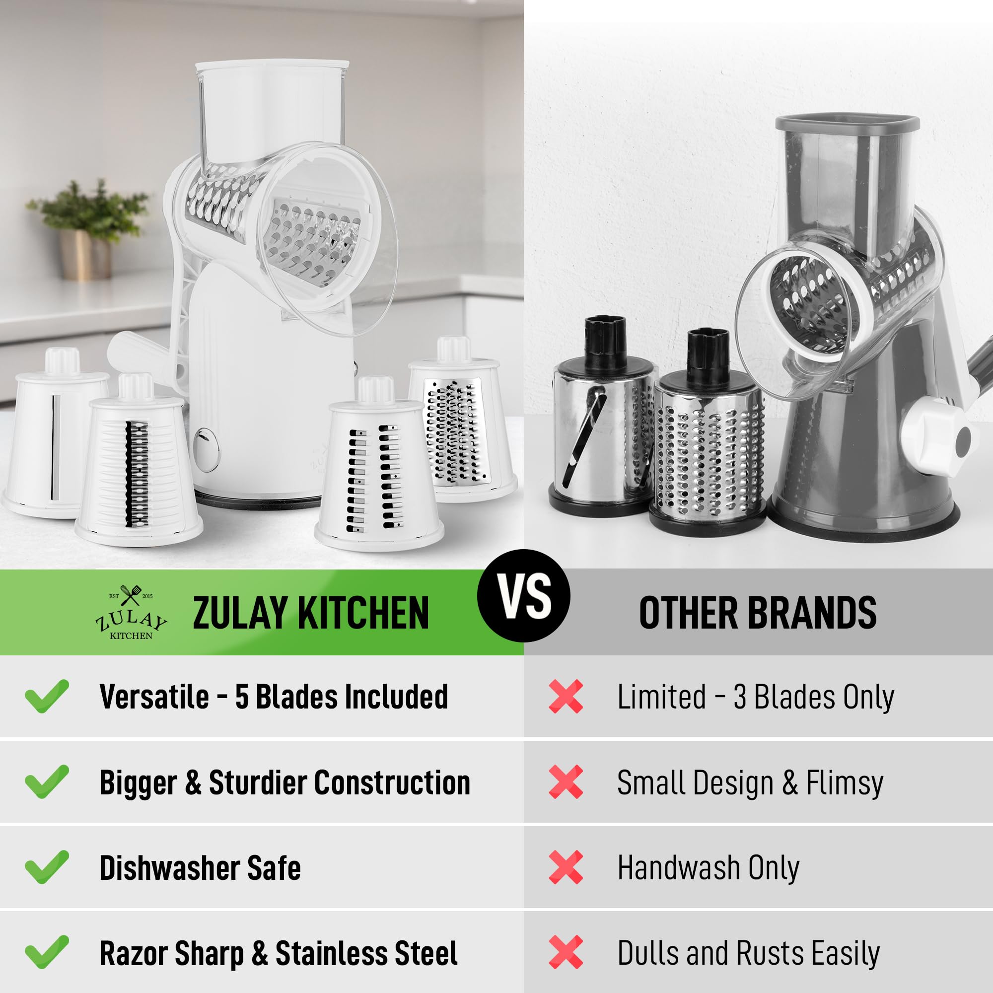 Zulay Kitchen Rotary Cheese Grater 5 Blade Cheese Shredder - Manual Hand Crank Cheese Grater With Reinforced Suction & 5 Interchangeable Drums - Easy to Use, Vegetable Chopper Round Mandoline Slicer