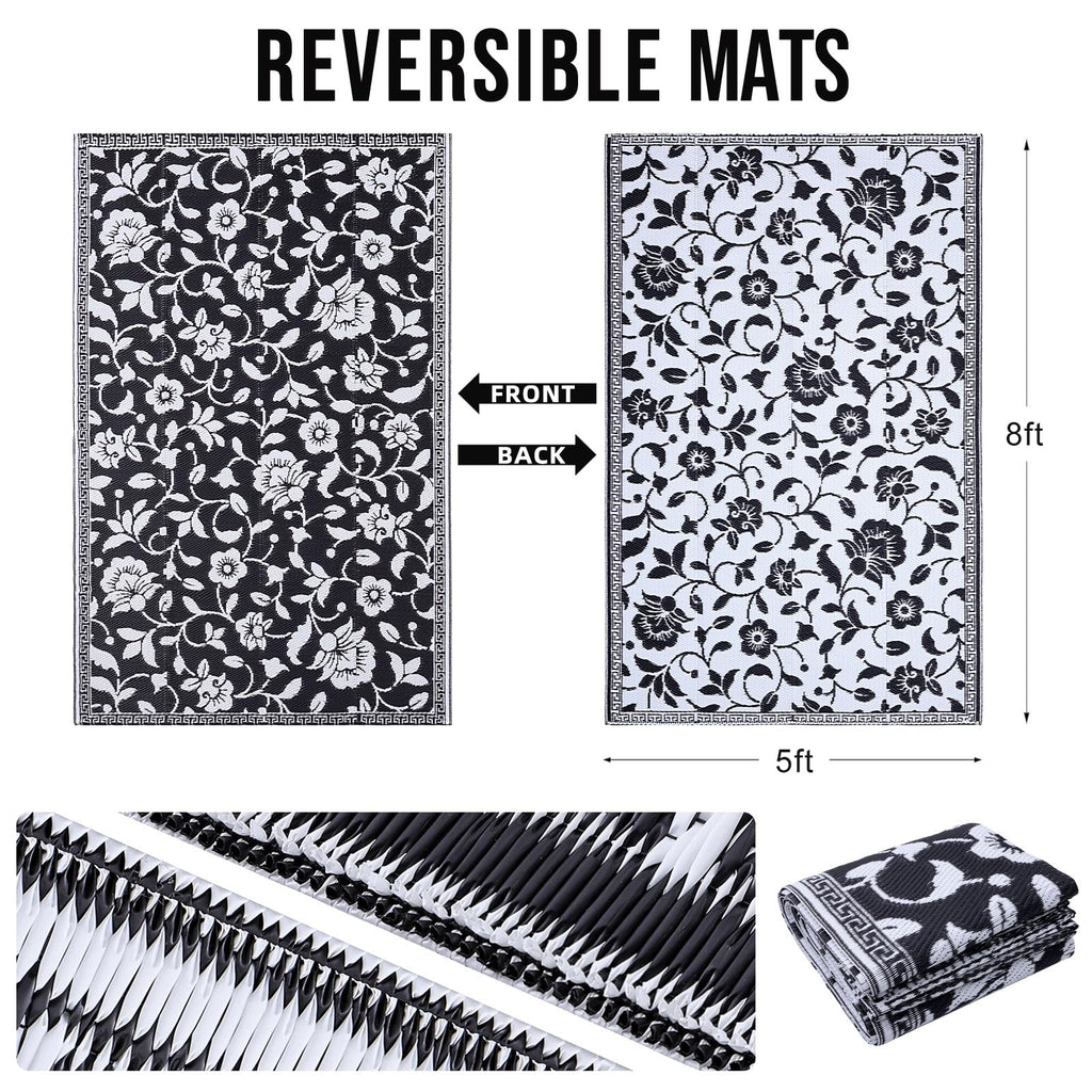 OLANLY Waterproof Outdoor Rug 5x8 ft, Outdoor Plastic Straw Rug with Flower Pattern, Reversible RV Mat for Patio, Camping, Balcony, Deck, Backyard, Navy & White