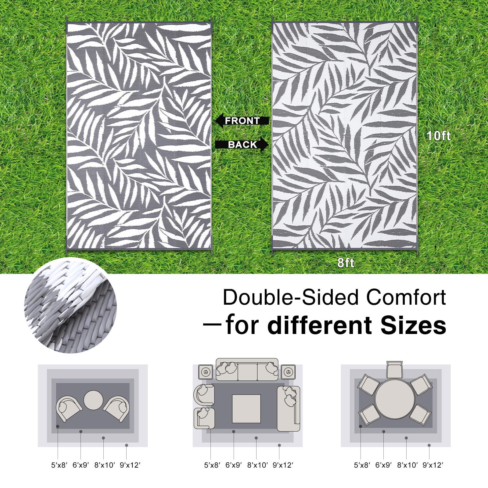OLANLY Waterproof Outdoor Rug 5x8 ft, Reversible Outdoor Plastic Straw Rug with Leaf Pattern, RV Mat, Indoor Outdoor Carpet for Patio, Camping, Balcony, Deck, Backyard, Grey & White
