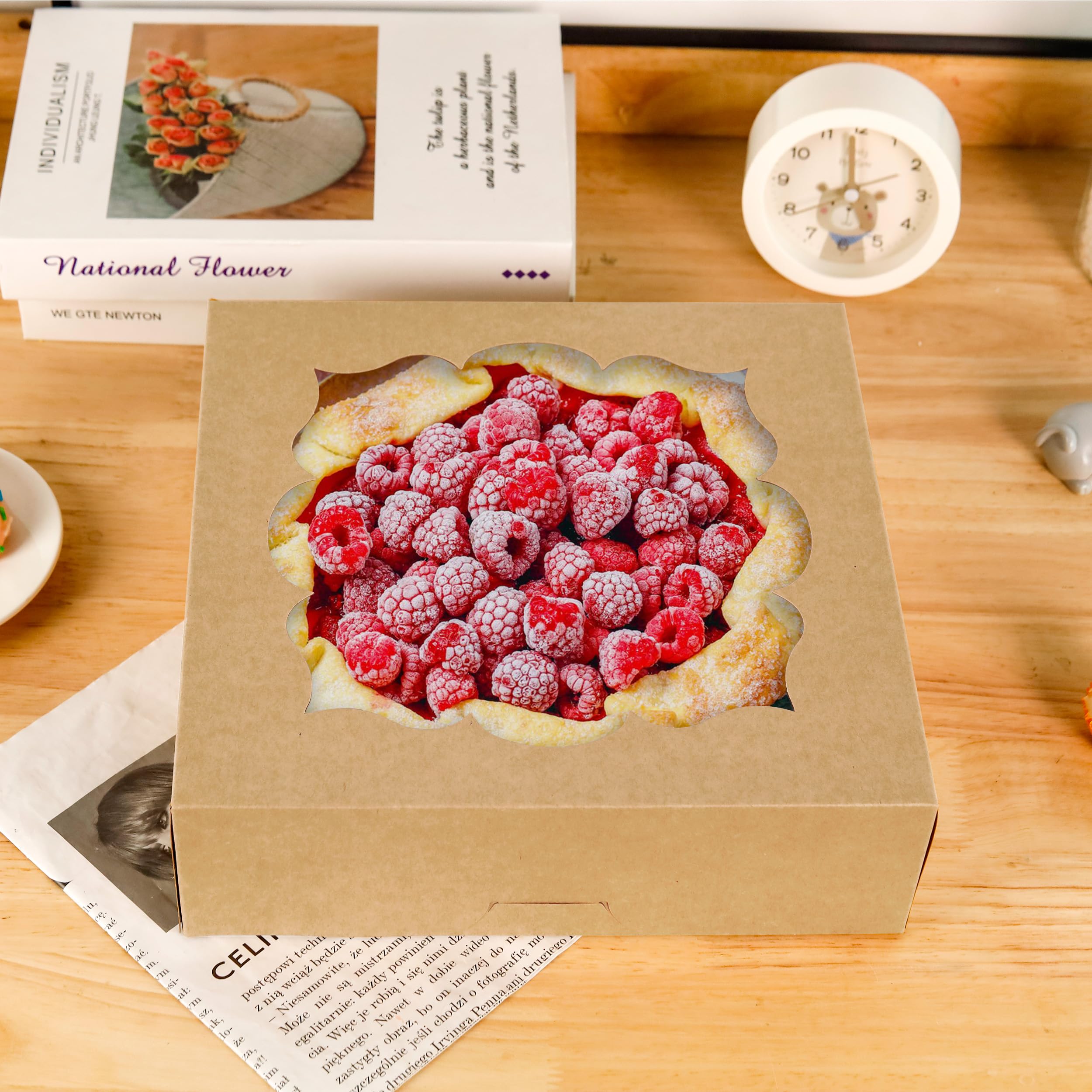 30 Pack Pie Boxes with Window 10x10x3 in Bakery Boxes Perfect for Pies, Cheesecake, Cookies, Muffins and Chocolate Covered Strawberries (Brown)
