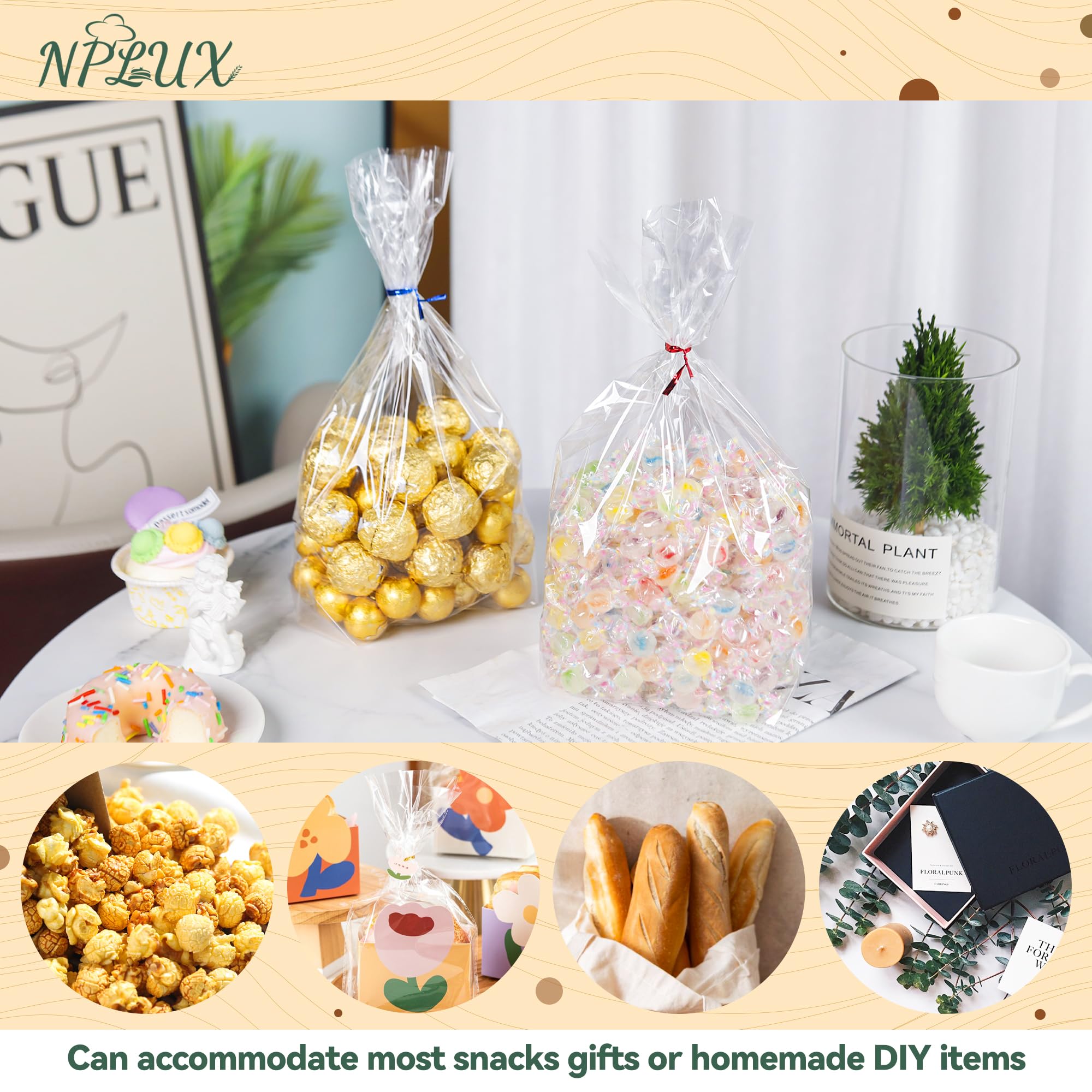 NPLUX 100 Pack Cellophane Bags Clear Flat Bottom Cellophane Treat Bags Gusseted with 100 Pack Twist Ties for Candy Popcorn Cookie Small Gift Wrapping(6×9×2.4 Inches)