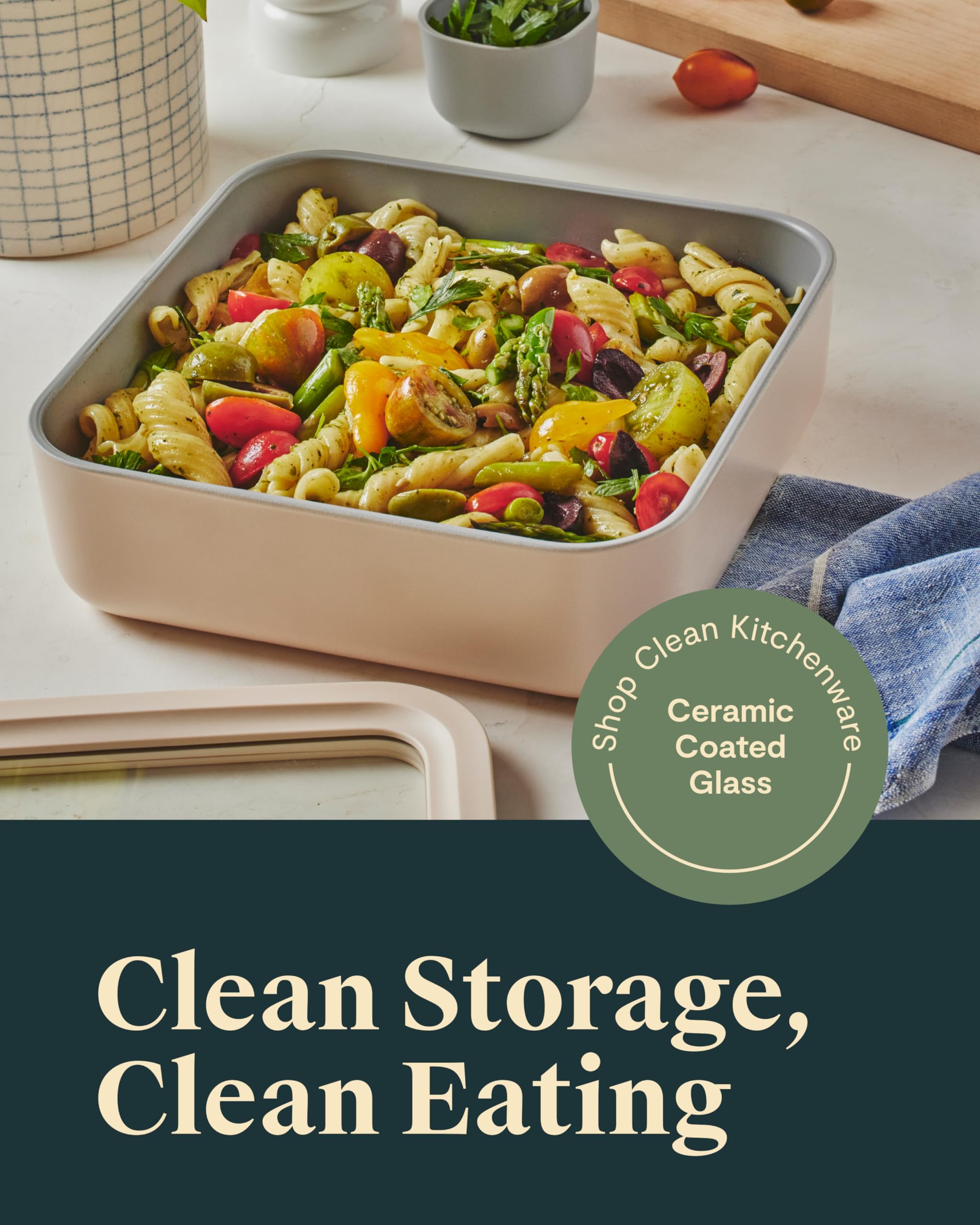 Caraway Glass Food Storage - 6.6 Cup Glass Container - Ceramic Coated Food Container - Non Stick Lunch Box Container with Lids - Dishwasher, Oven, & Microwave Safe - Cream