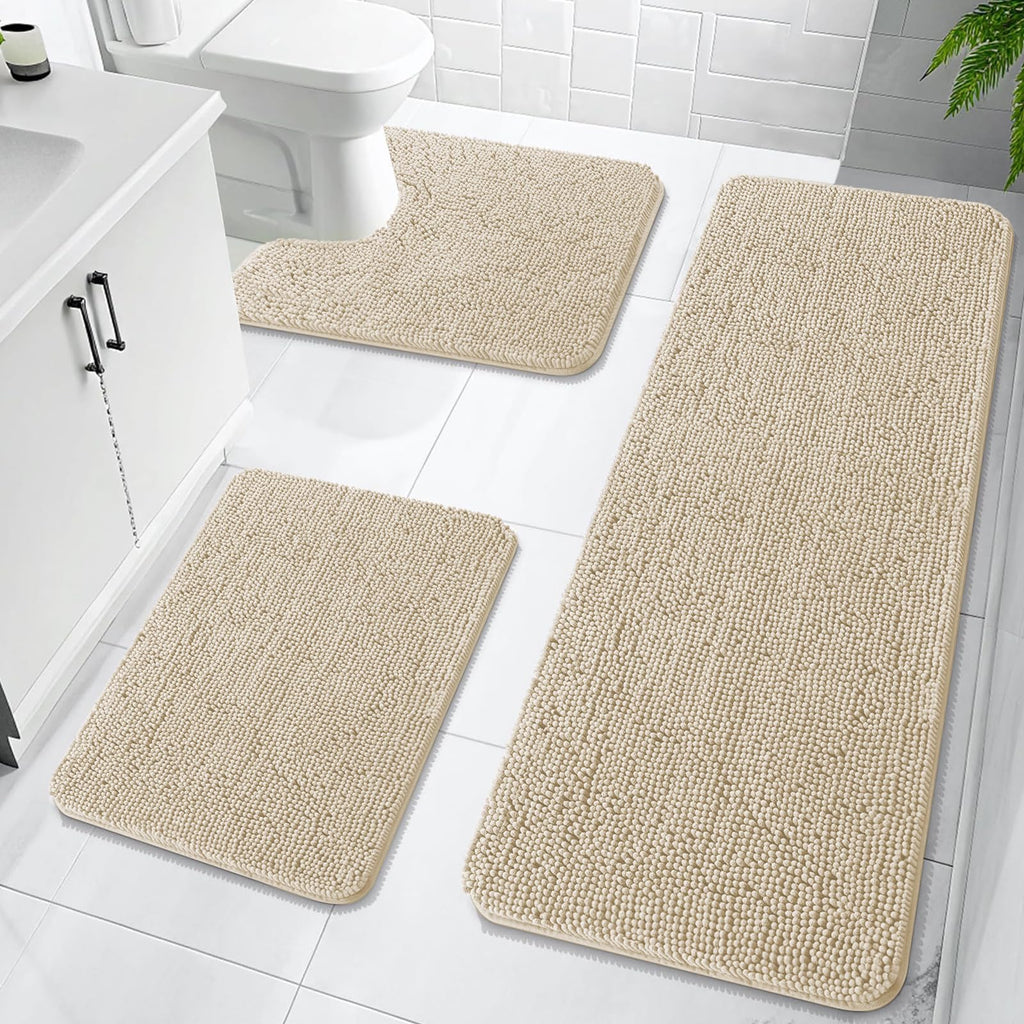 OLANLY Bathroom Rugs Sets 3 Piece, Soft Absorbent Chenille Bath Mats and U-Shaped Contour Toilet Rug, Quick Dry, Home Decor Accessories, Bath Mat Set for Bathroom (30"x20"+24"x16"+24"x20", Grey)
