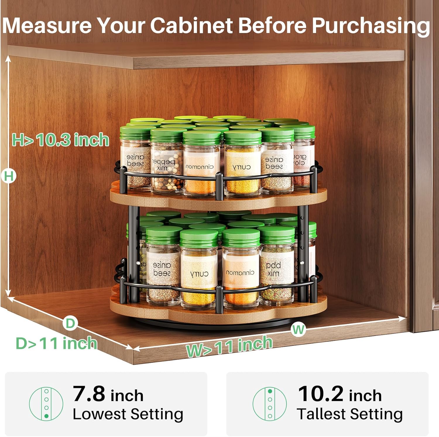 Spice Rack Lazy Susan Organizer for Cabinet, Rotating Spice Organization 2 Tier Adjustable Lazy Susan Turntable Spice Cabinet Organizer for Kitchen Countertop & Pantry, Wood 10 Inch Seasoning Storage