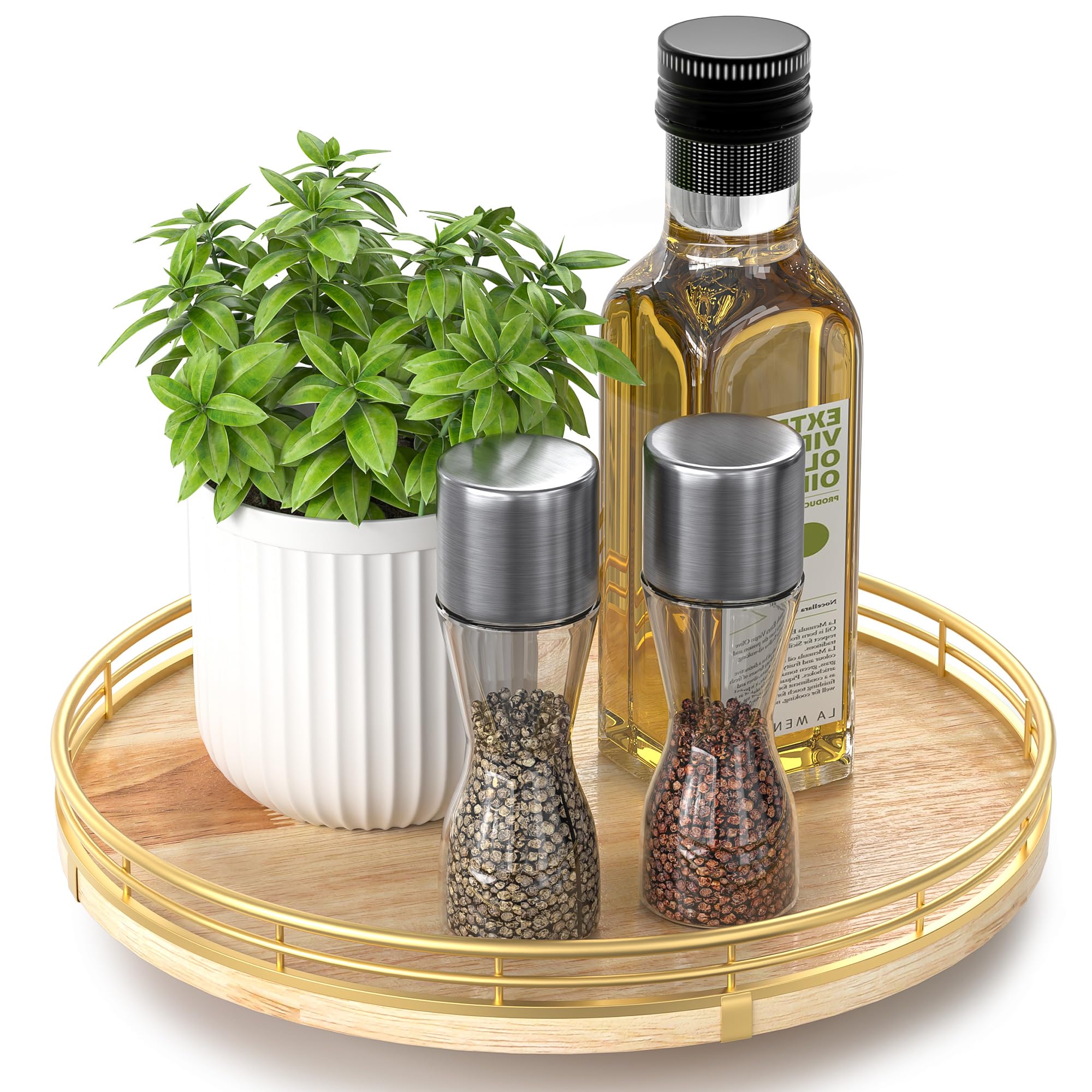 Farmhouse Oak 9" Lazy Susan Turntable Organizer for Cabinet, Round Wooden Lazy Susan Organization and Storage for Dining Table, Pantry, Kitchen, Countertop, Cupboard,Home Decor, Walnut Wood