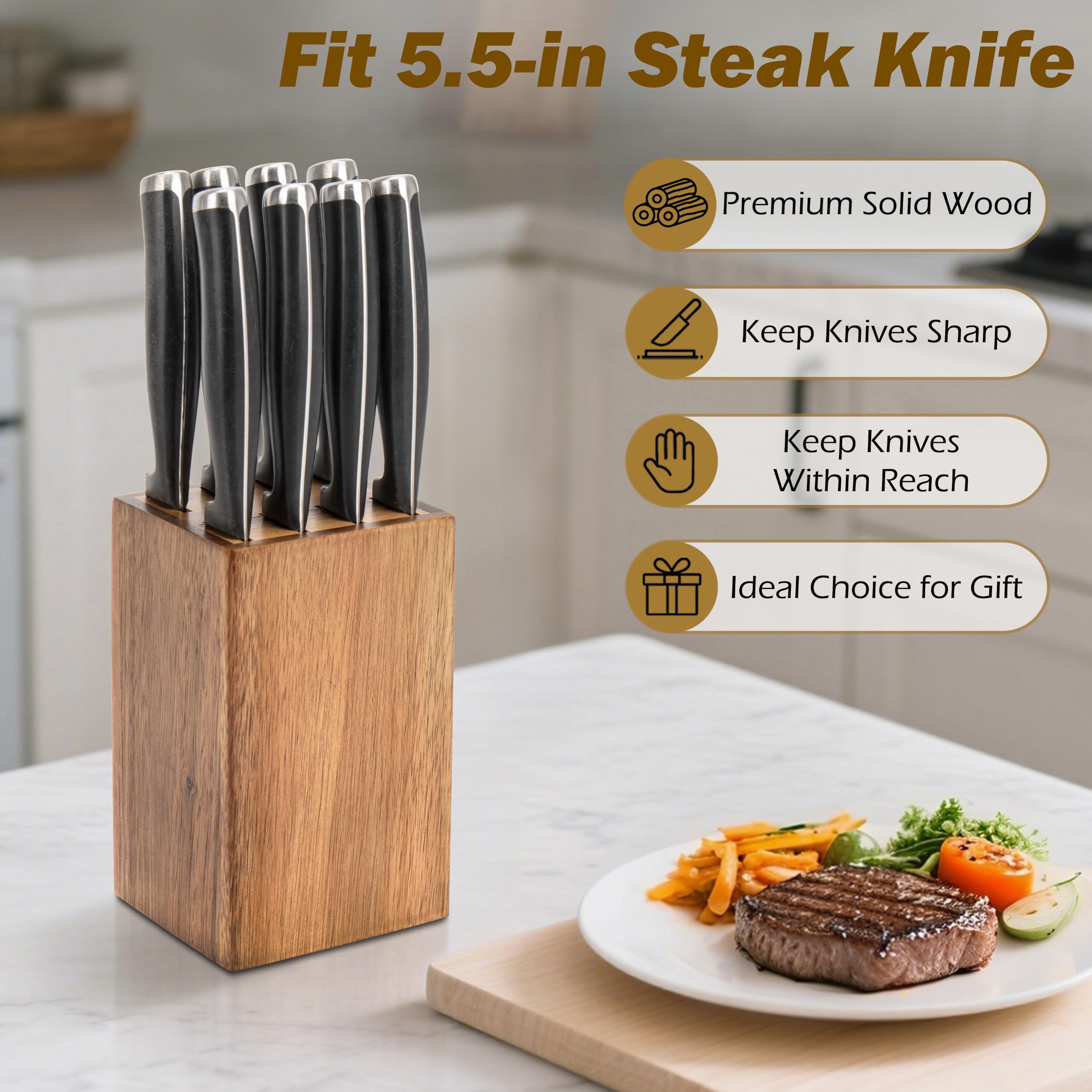8 Slots Steak Knife Block Holder, 5.5" Wooden Small Knife Block without Knives,Compact and Space Saving Storage Knife Holder for Counter Top (Natural-1)