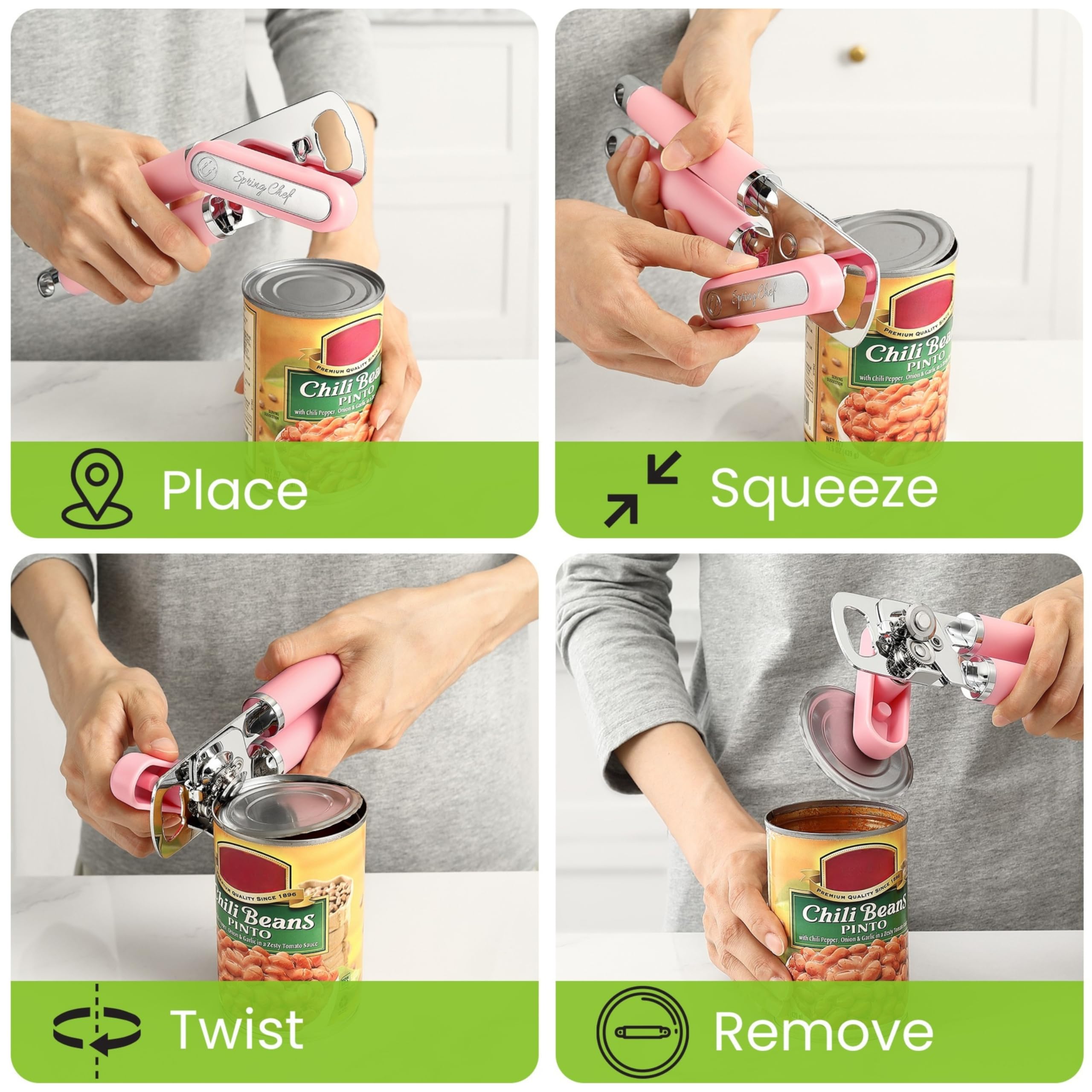 Spring Chef Stainless Steel Can Opener - Manual with Soft Grip Handles, Easy Turn, Heavy Duty Hand Can Openers for Seniors with Smooth Edge - Magnetic Lid Remover - Black