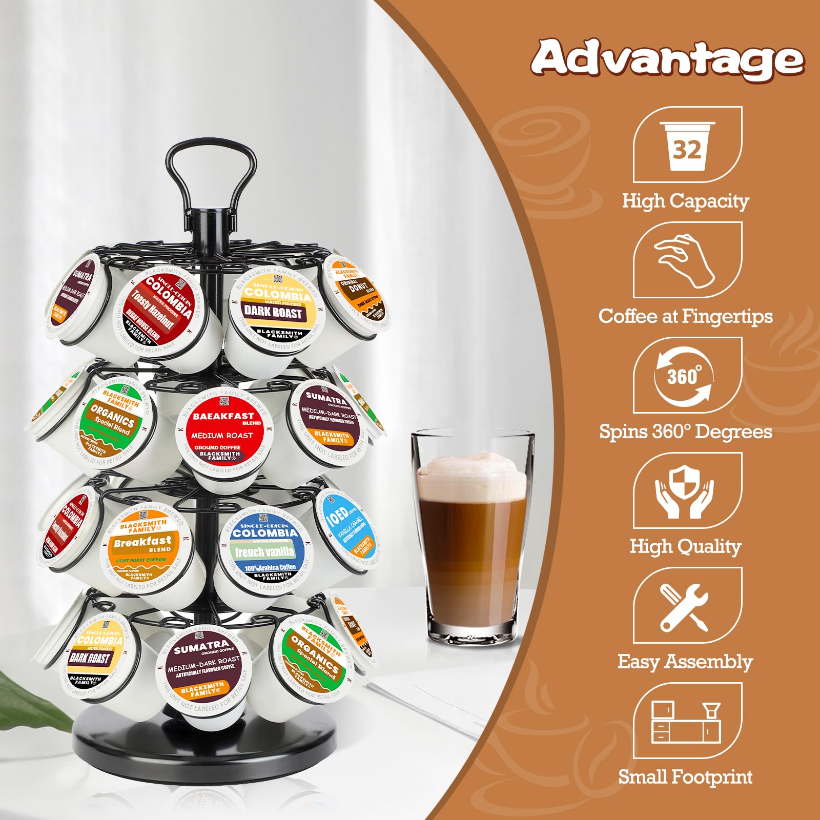 K Cup Holder, K Cup Carousel, Coffee Pods Storage Organizer Stand (Black, 32 Pods Capacity K/D Design)