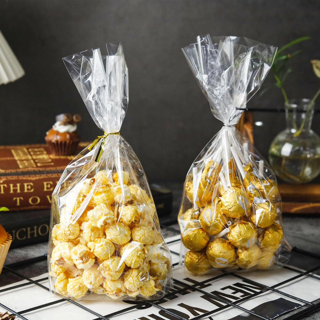 NPLUX 100 Pack Cellophane Bags Clear Flat Bottom Cellophane Treat Bags Gusseted with 100 Pack Twist Ties for Candy Popcorn Cookie Small Gift Wrapping(6×9×2.4 Inches)