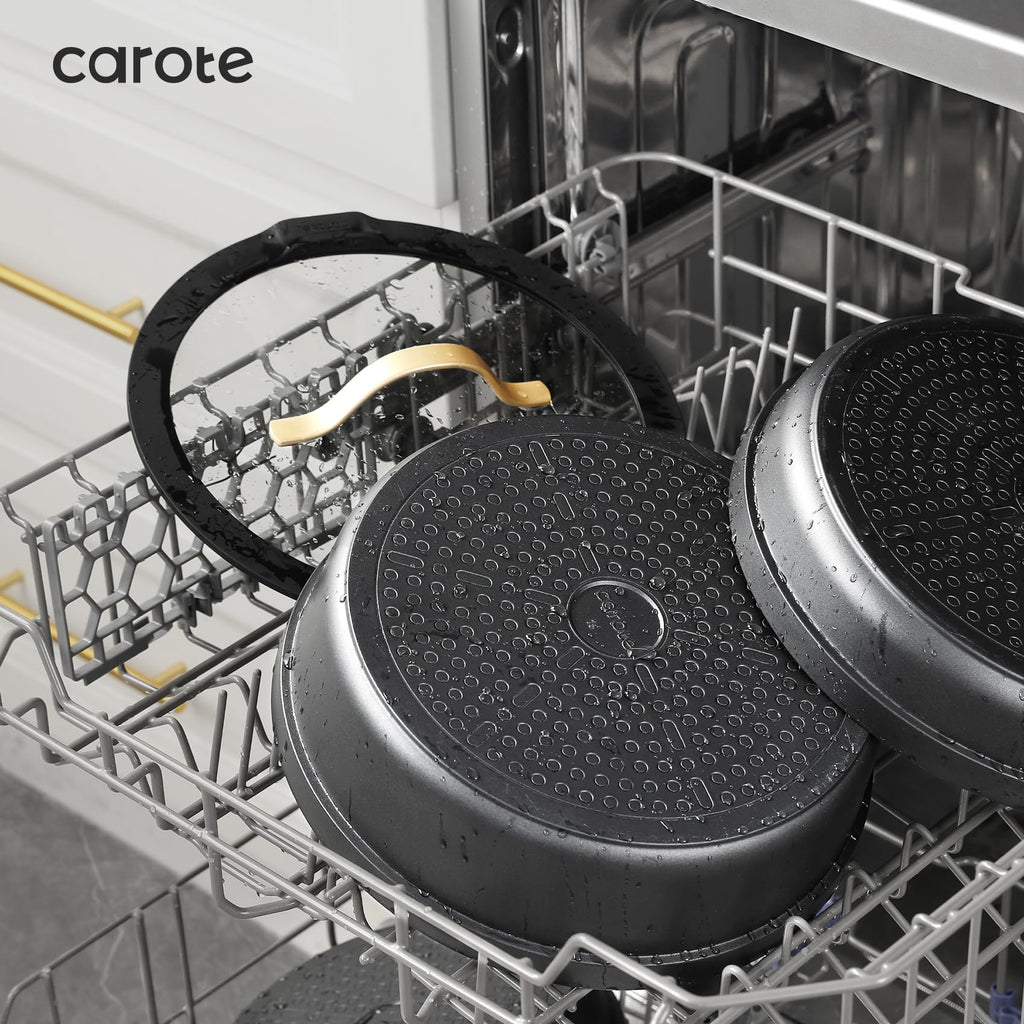 CAROTE 20pcs Pots and Pans Set Non Stick, Nonstick Cookware Set, Dishwasher/Oven/Fridge Safe Pots and Pans, Removable Handle RV Oven Safe Cookware, Induction Kitchen Set, Black